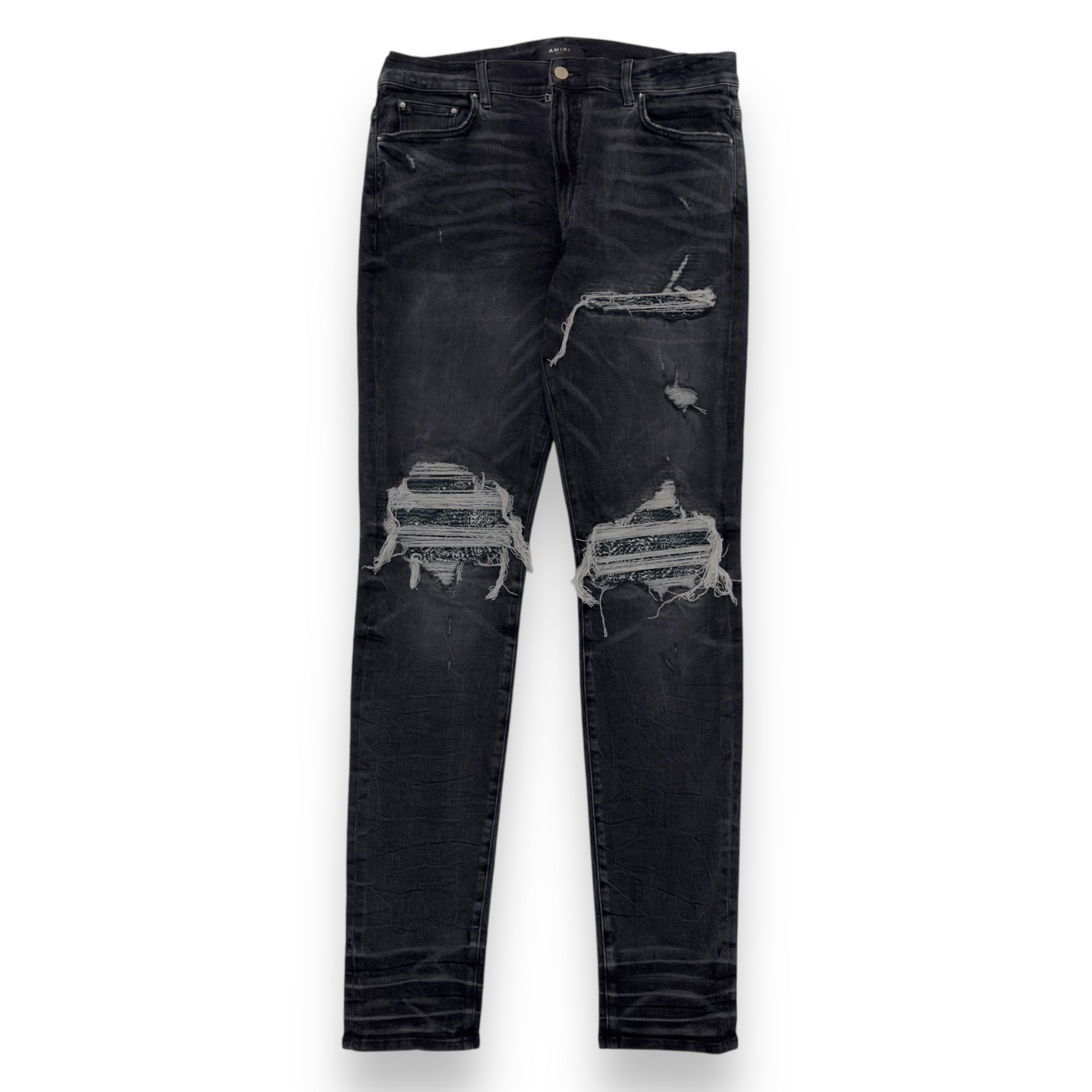 AMIRI BANDANA PATCH DISTRESSED DENIM JEANS BLACK W34”