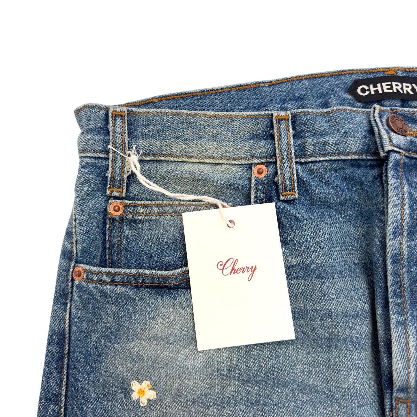 CHERRY LA BLOSSOM STRAIGHT-LEG EMBROIDERED JEANS BLUE W32”
