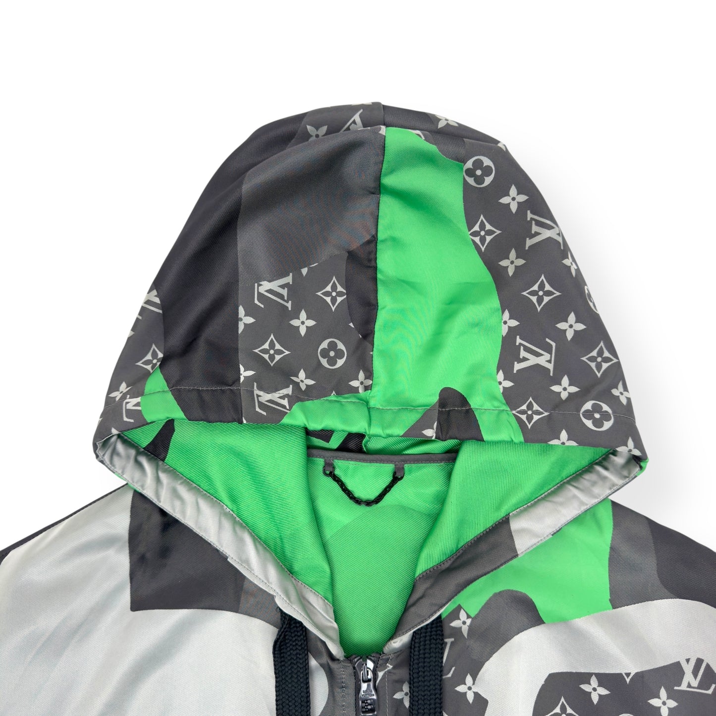 LOUIS VUITTON X KID SUPER FW23 PATCHWORKED PORTRAIT HOODED BLOUSON WINDBREAKER GREEN / SILVER FR54 / XL