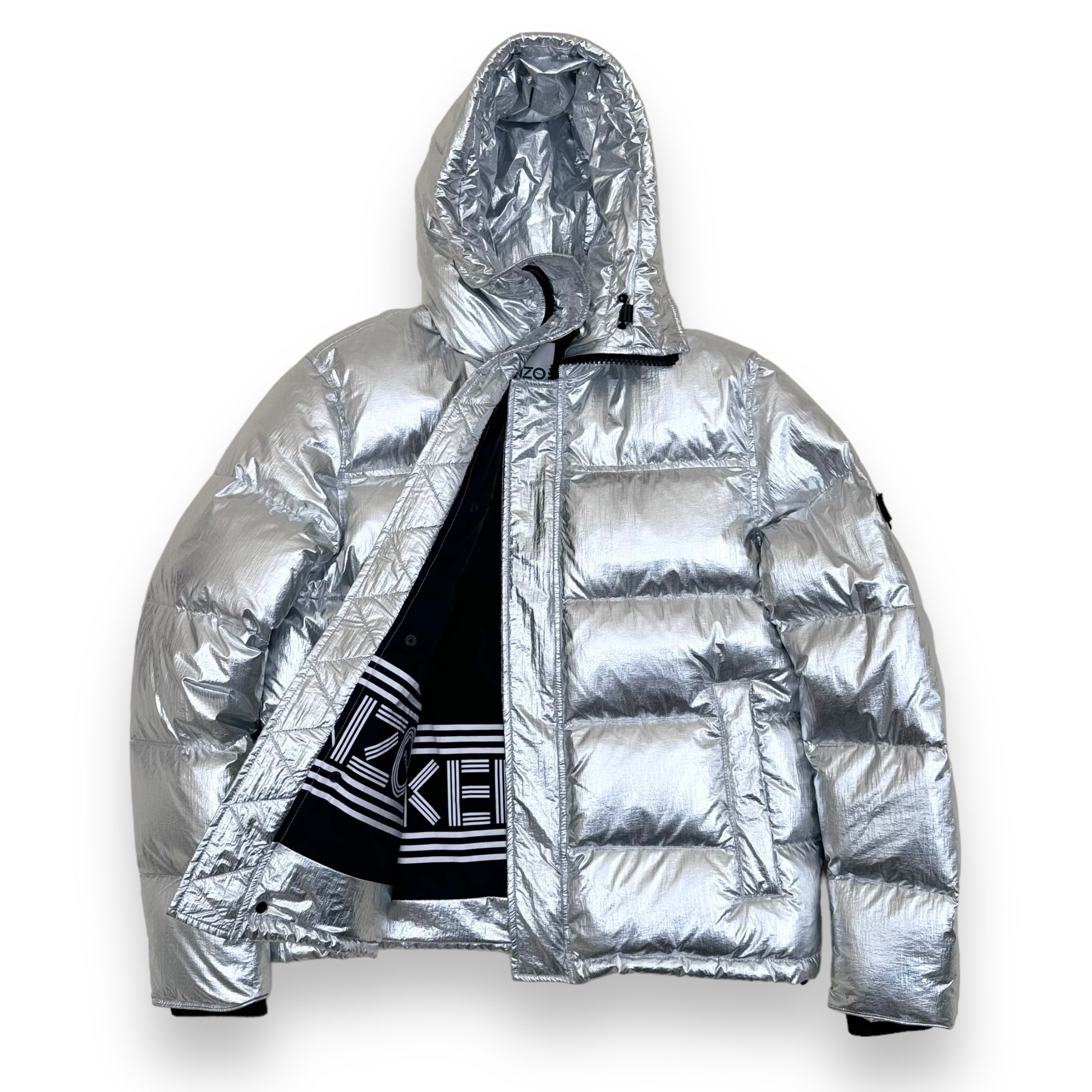 KENZO PARIS HOODED PUFFER JACKET METALLIC SILVER M