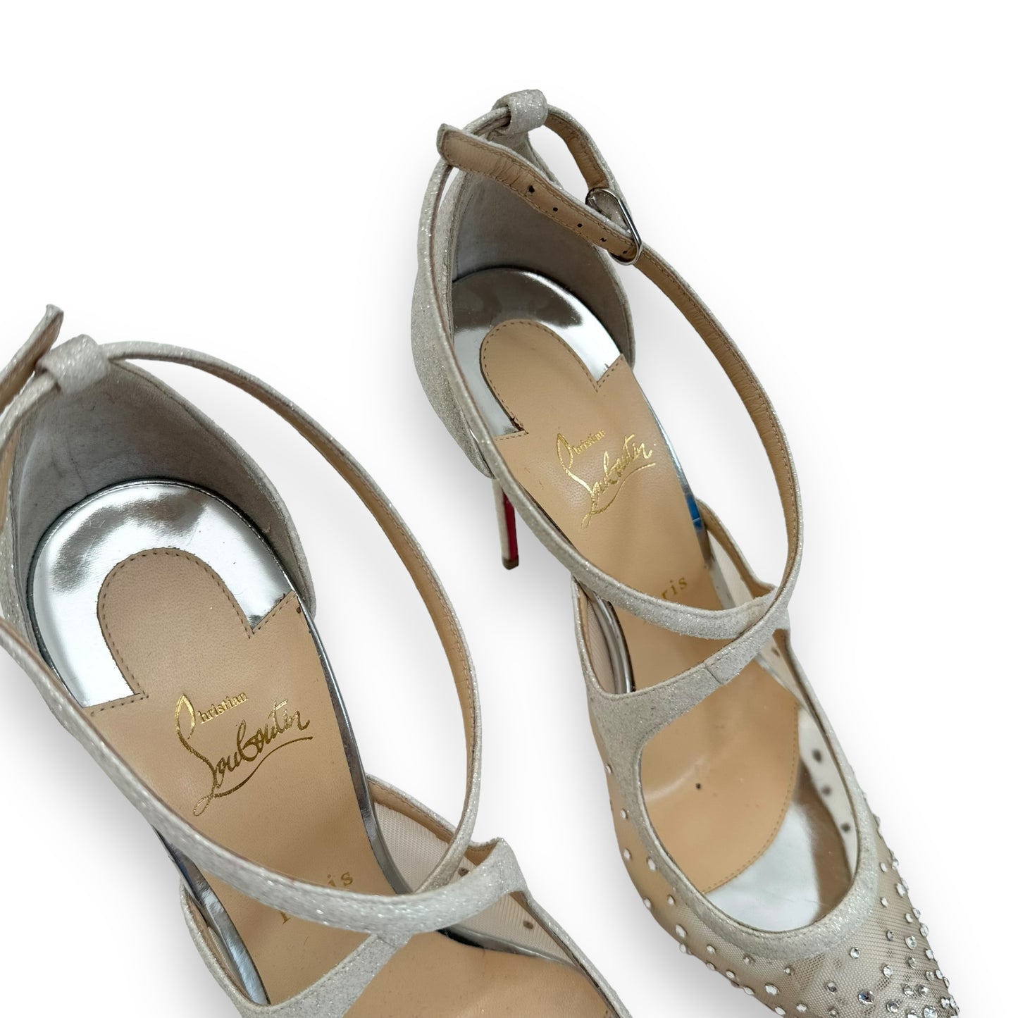 CHRISTIAN LOUBOUTIN TWISTISSIMA STRASS LEATHER / MESH PUMPS SILVER UK8.5