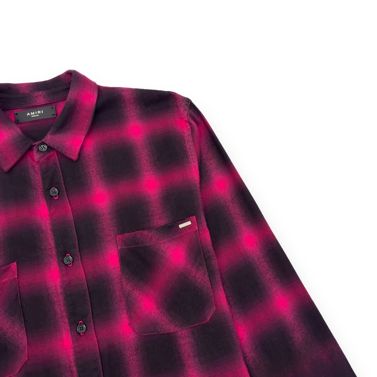 AMIRI DEGRADE DISTRESSED CHECKED FLANNEL SHIRT PINK M