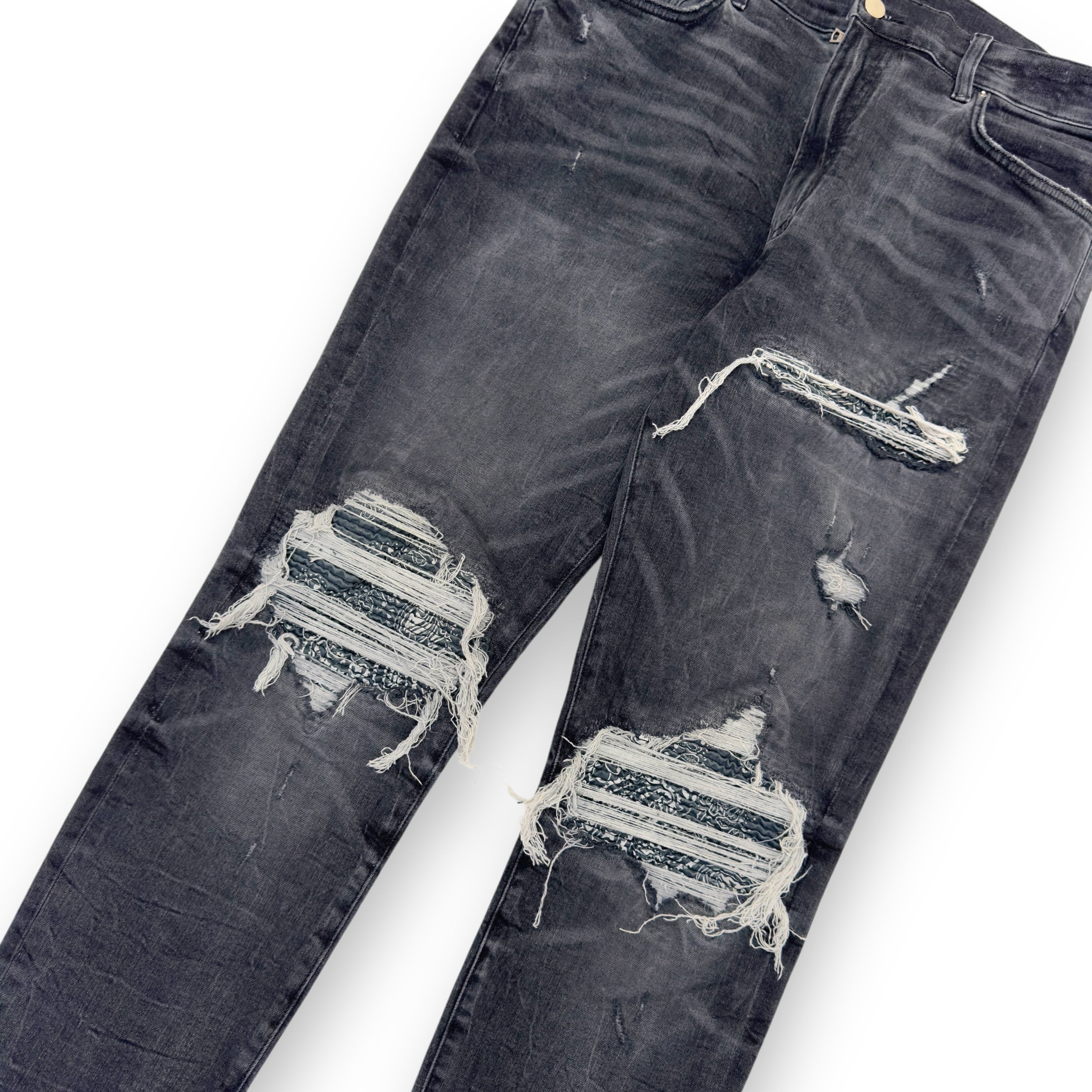 AMIRI BANDANA PATCH DISTRESSED DENIM JEANS BLACK W34”
