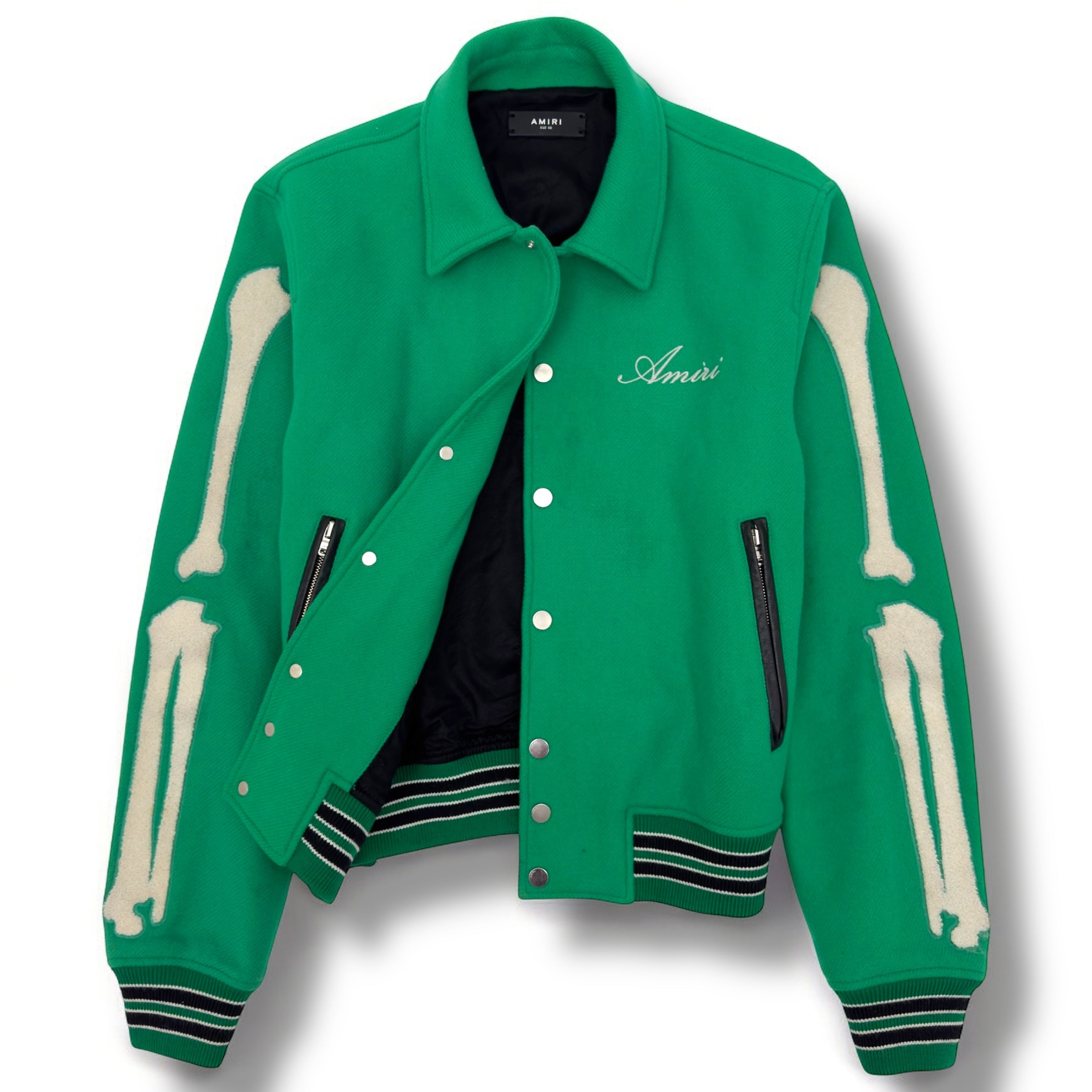 AMIRI LOGO-EMBOIDERED APPLIQUÉD BONE WOOL JACKET GREEN / WHITE 50 / L