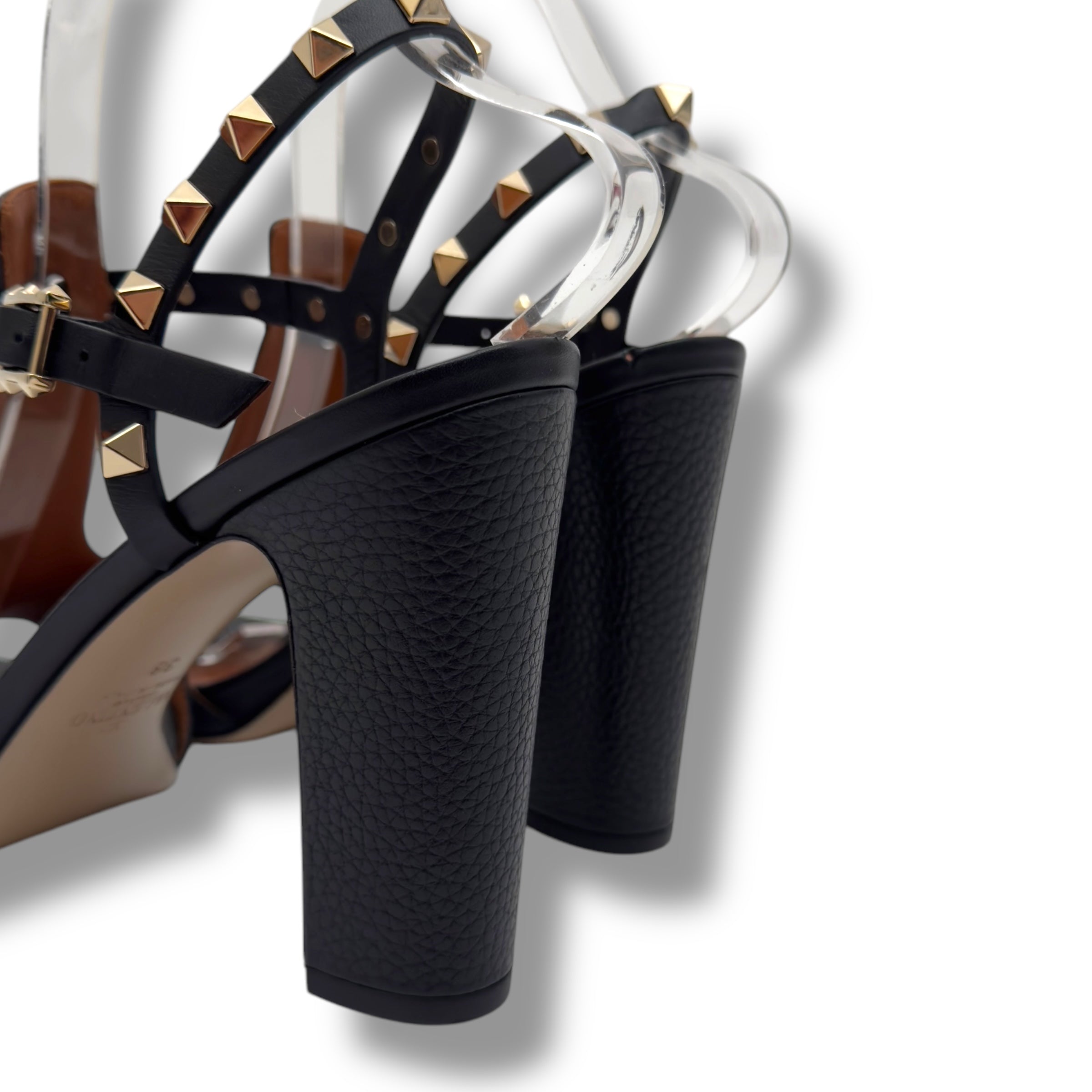 VALENTINO ROCKSTUD ANKLE STRAP LEATHER HEELS 100 BLACK / GOLD EU38 / UK5