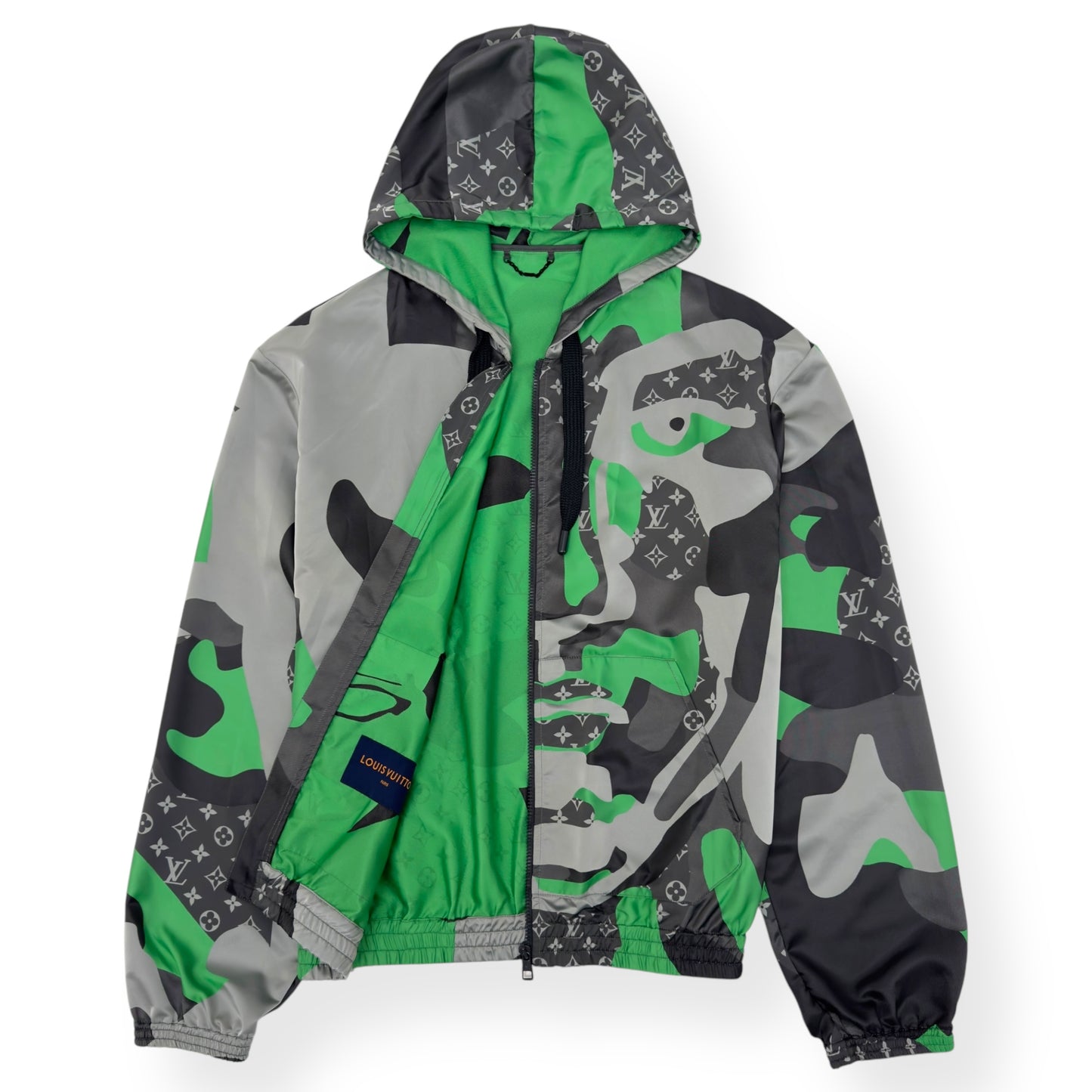 LOUIS VUITTON X KID SUPER FW23 PATCHWORKED PORTRAIT HOODED BLOUSON WINDBREAKER GREEN / SILVER FR54 / XL