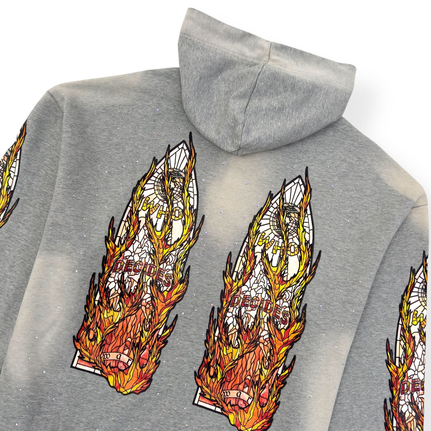 WHO DECIDES WAR FLAMES GLASS HOODIE VINTAGE GREY / ORANGE L