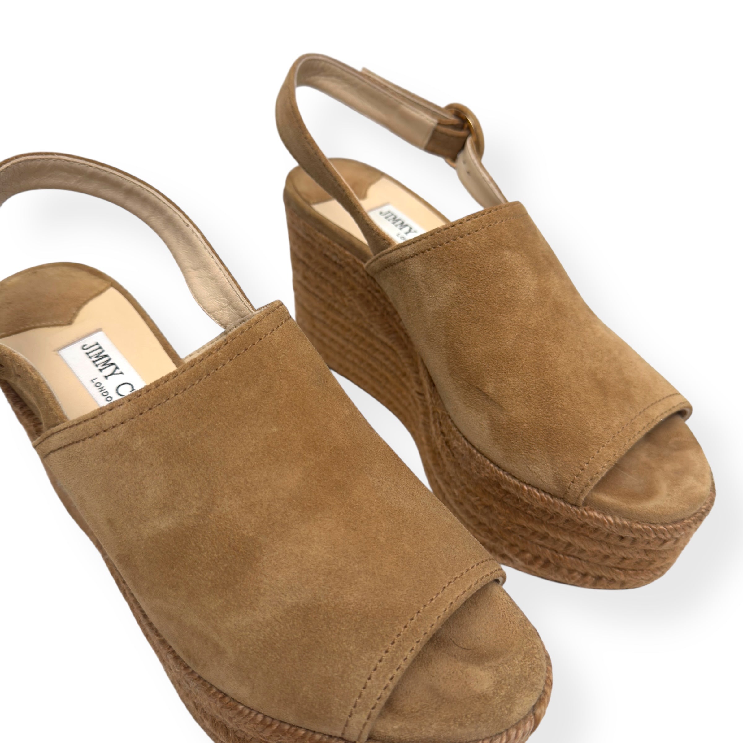 JIMMY CHOO DEYA 95 SUEDE ESPADRILLE WEDGE TAN 38 / UK5