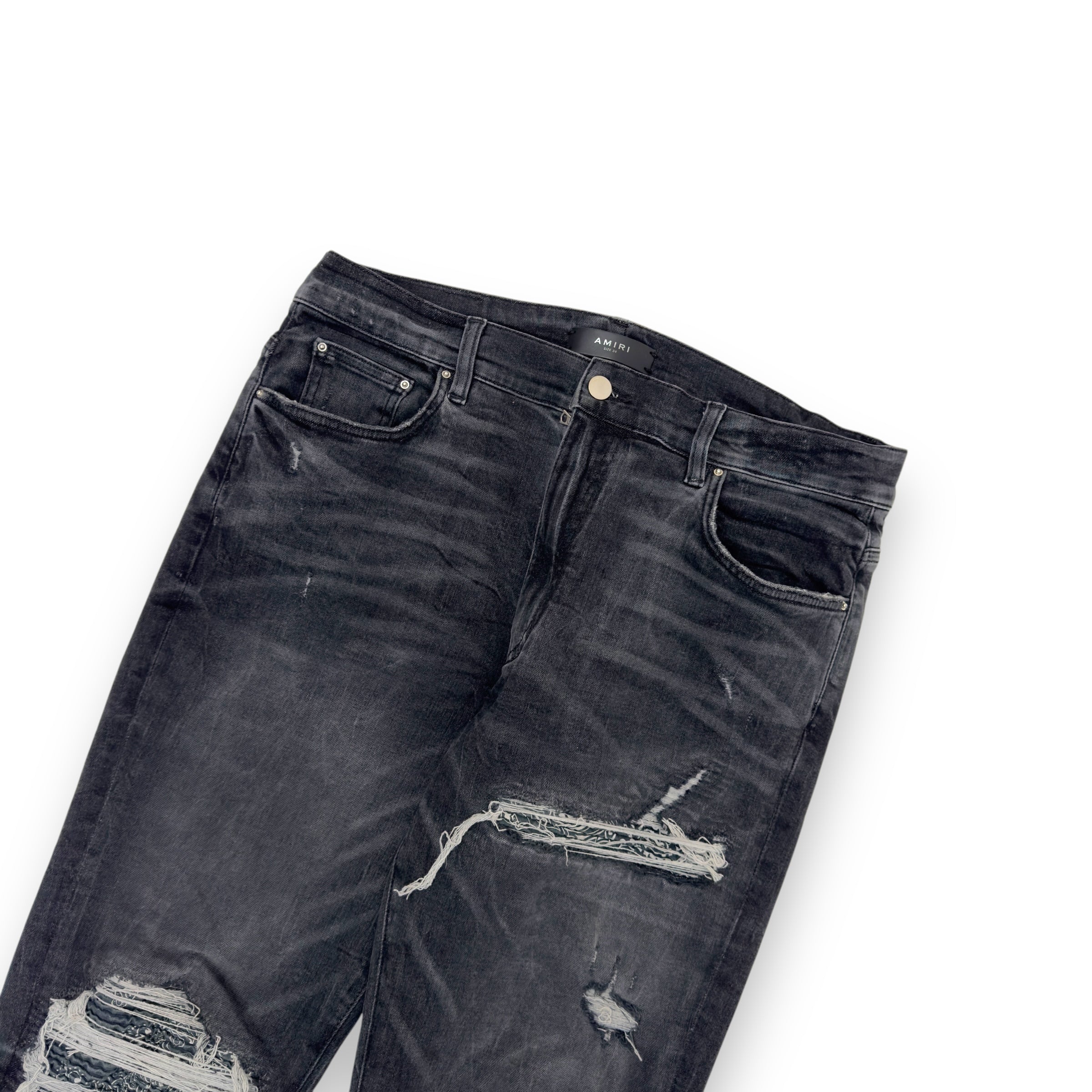 AMIRI BANDANA PATCH DISTRESSED DENIM JEANS BLACK W34”