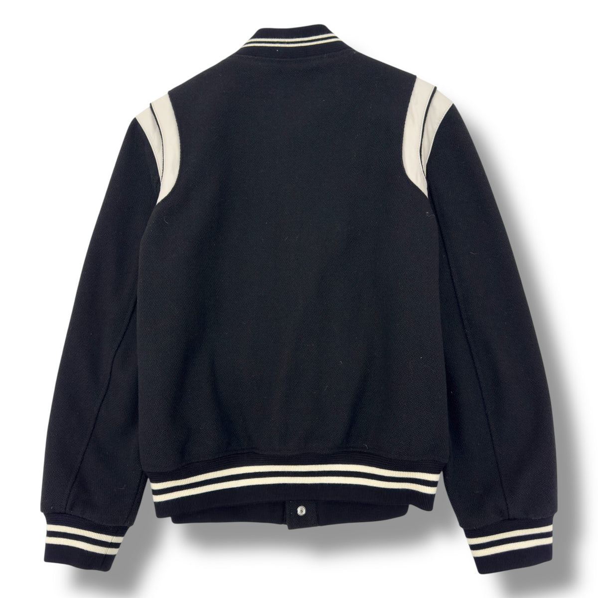 SAINT LAURENT TEDDY LEATHER-TRIMMED WOOL-BLEND BOMBER JACKET BLACK / WHITE 54 / XXL