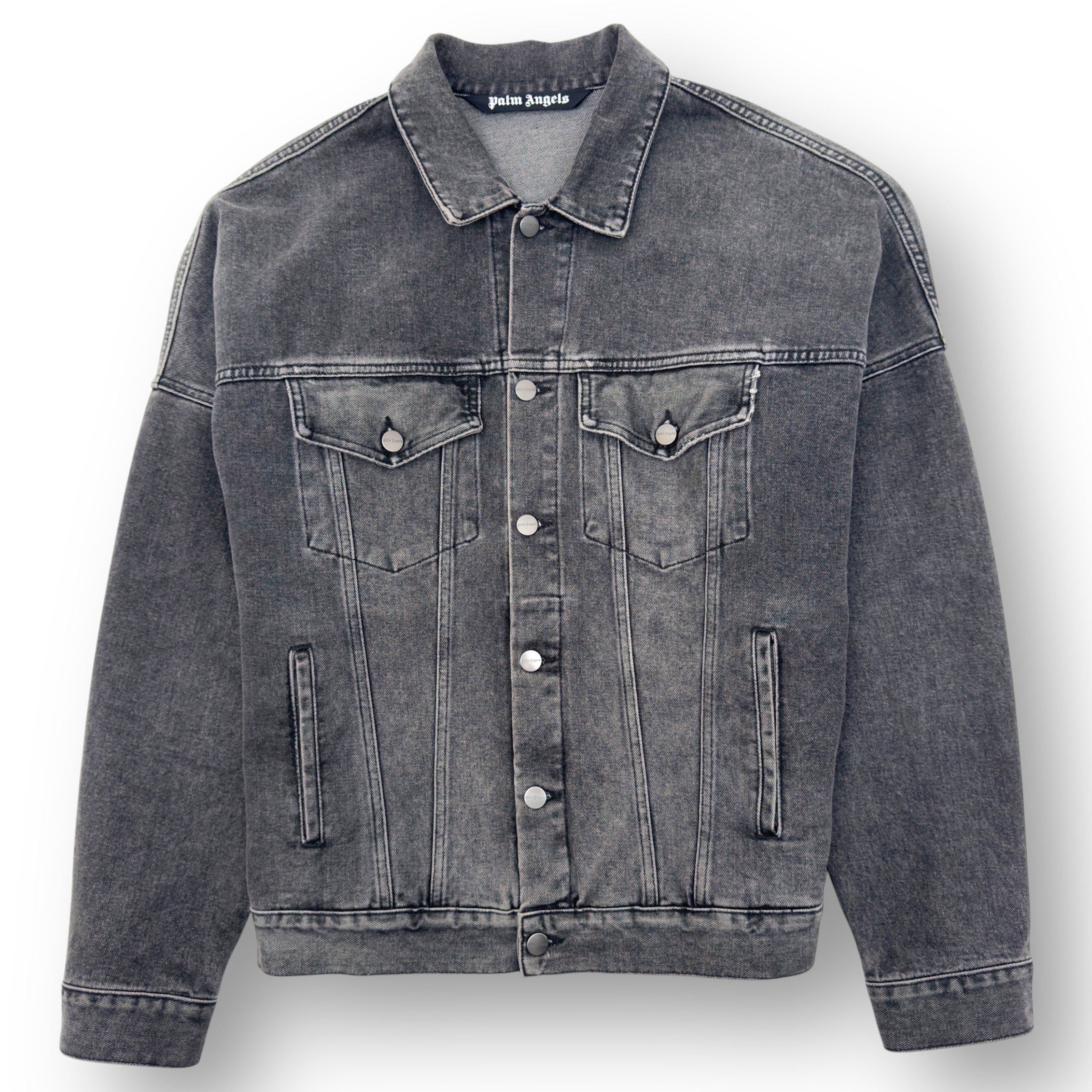PALM ANGELS LOGO PRINT OVERSIZED DENIM JACKET GREY / WHITE M