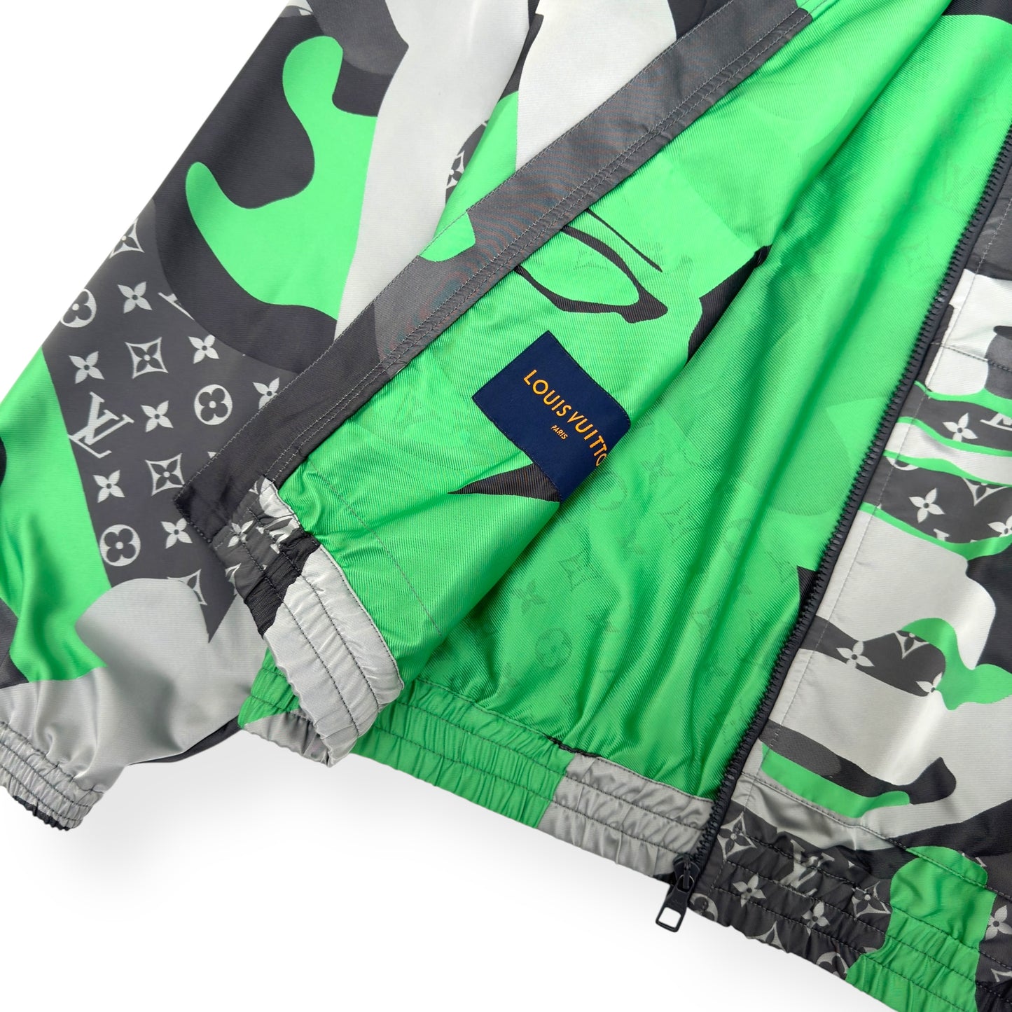 LOUIS VUITTON X KID SUPER FW23 PATCHWORKED PORTRAIT HOODED BLOUSON WINDBREAKER GREEN / SILVER FR54 / XL