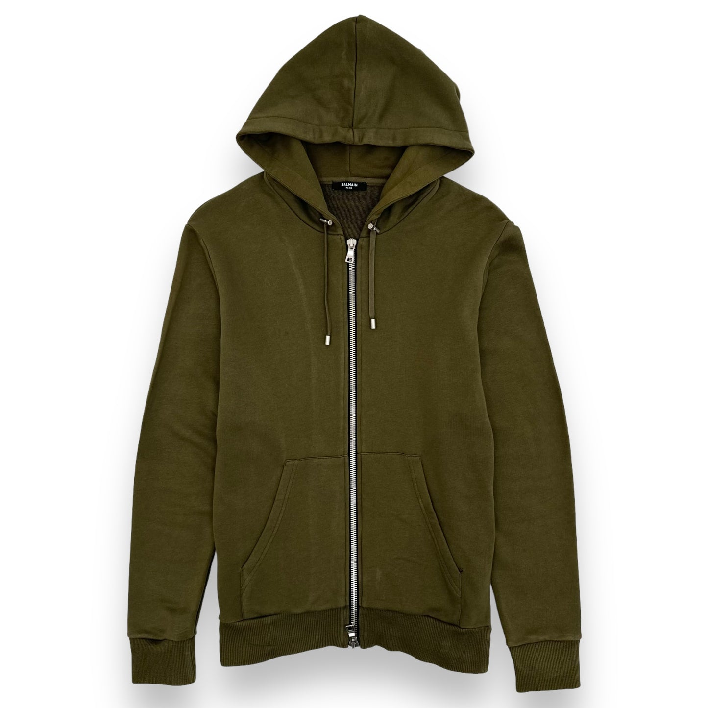 BALMAIN LOGO PRINT ZIP-UP HOODIE KHAKI S