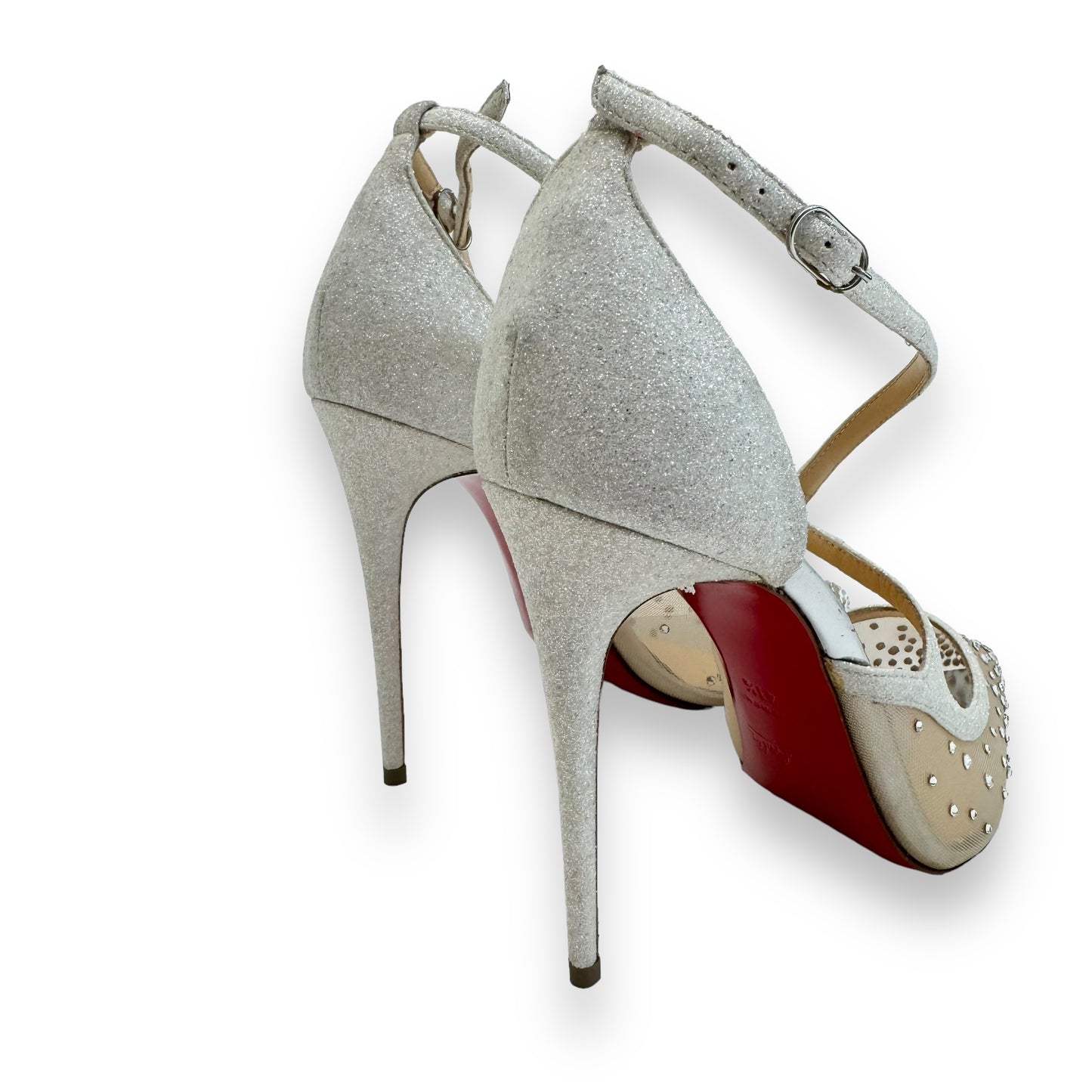 CHRISTIAN LOUBOUTIN TWISTISSIMA STRASS LEATHER / MESH PUMPS SILVER UK8.5