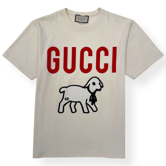 GUCCI LAMB PRINT COTTON T-SHIRT CREAM / RED L