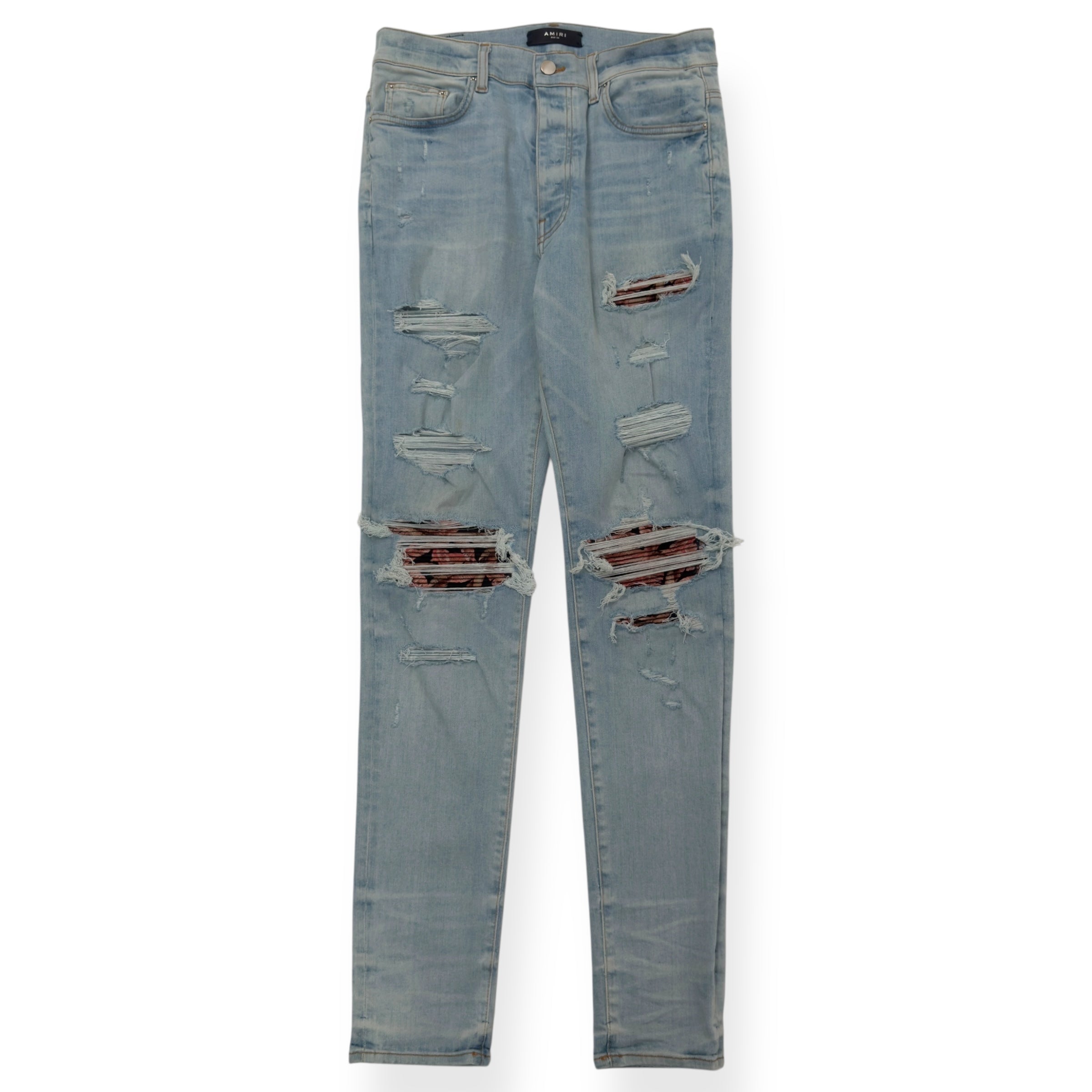 AMIRI PLAID PATCH THRASHER DENIM JEANS BLUE / ORANGE W34”