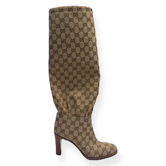 GUCCI LISA GG CANVAS MID-HEEL BOOTS BEIGE / EBONY UK5 / EU38