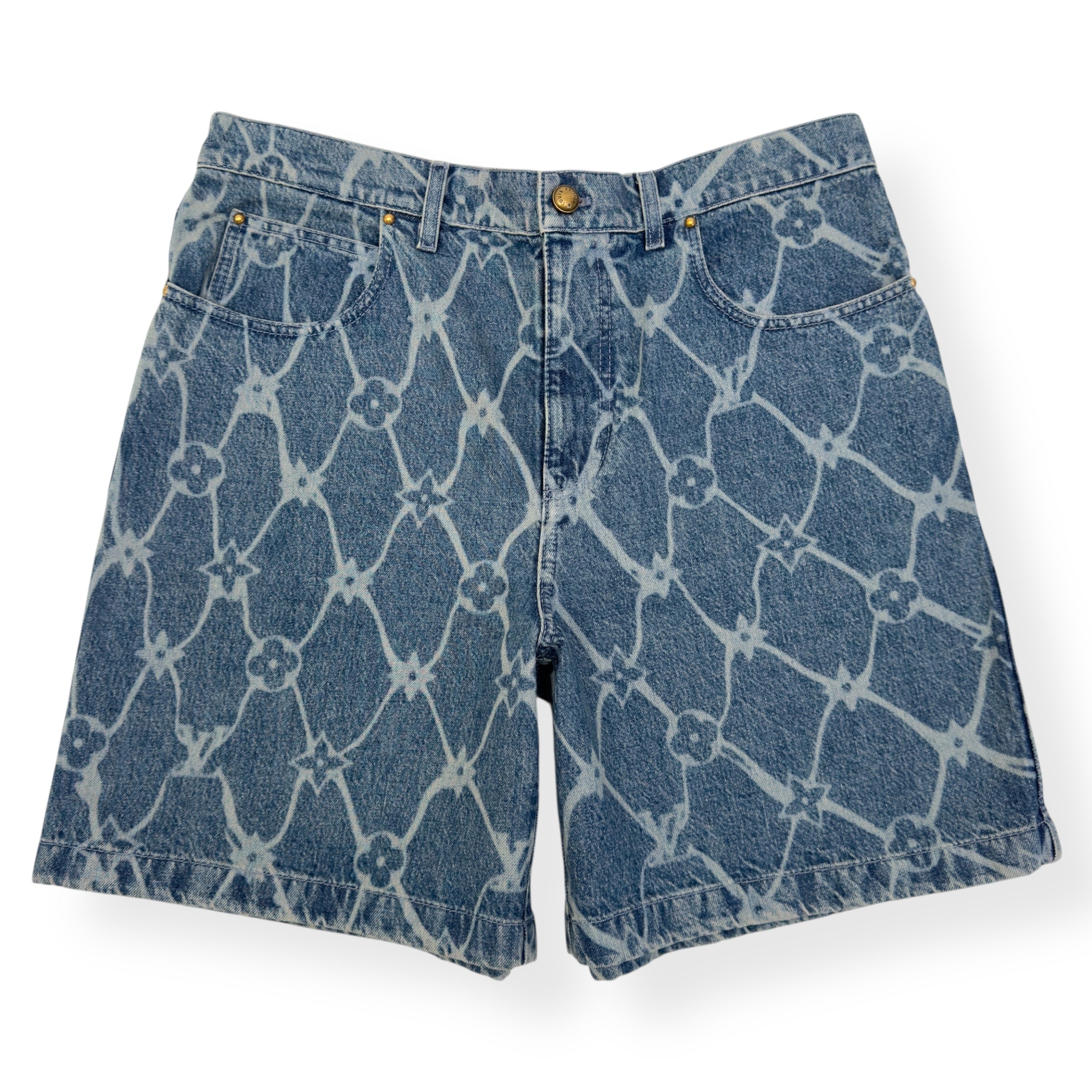 LOUIS VUITTON MONOGRAM PRINTED DENIM SHORTS INDIGO BLUE W34” / L