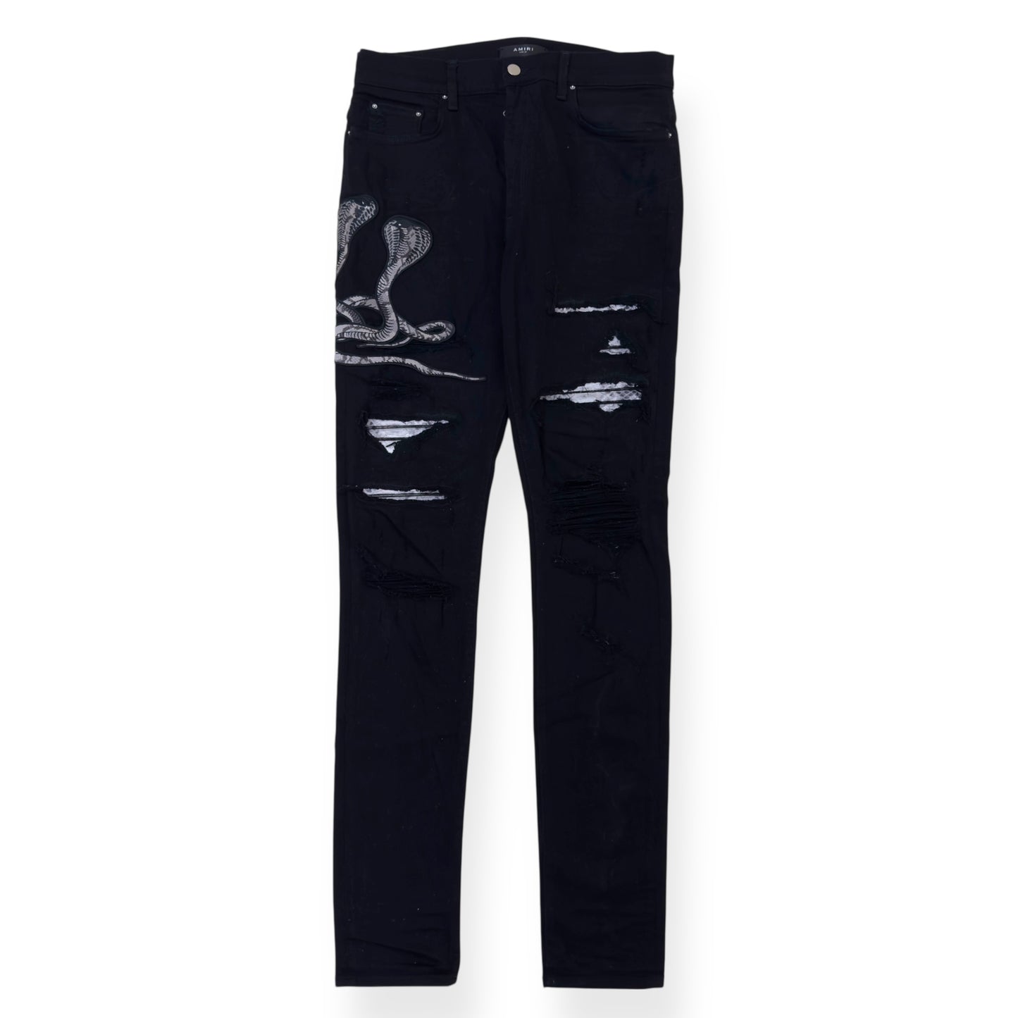AMIRI MX1 SKINNY SNAKE-PANELLED DENIM JEANS BLACK / WHITE W34”