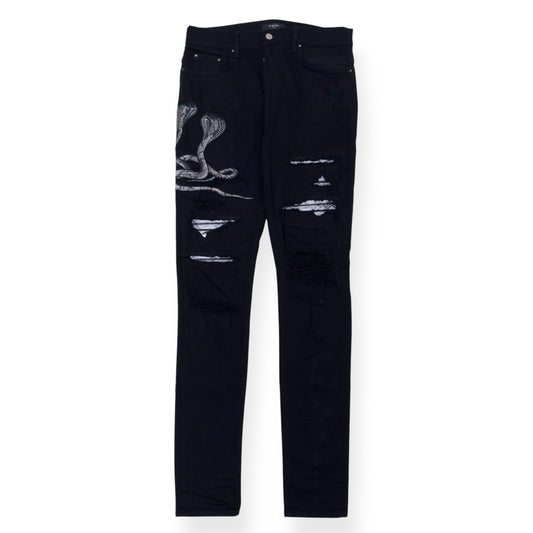 AMIRI MX1 SKINNY SNAKE-PANELLED DENIM JEANS BLACK / WHITE W34”