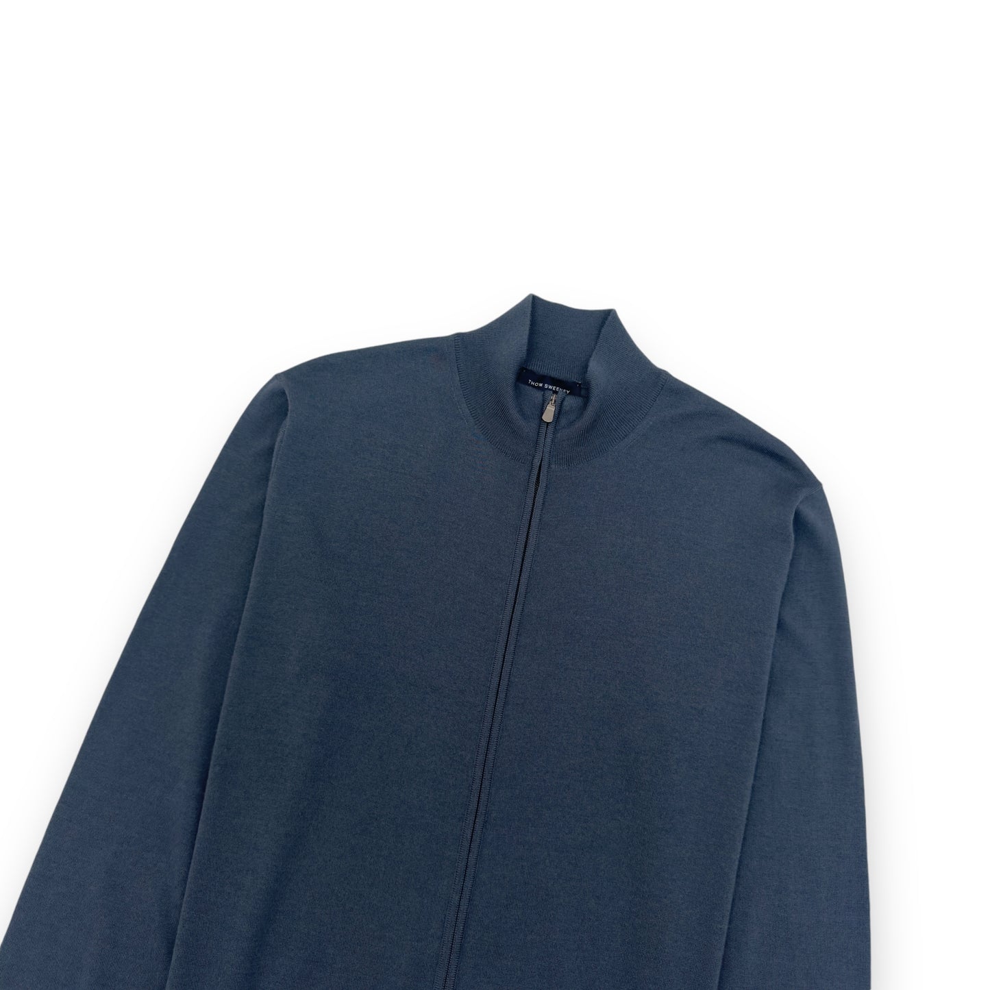 THOM SWEENEY MERINO WOOL ZIP-THROUGH MOCK NECK KNIT SLATE BLUE L