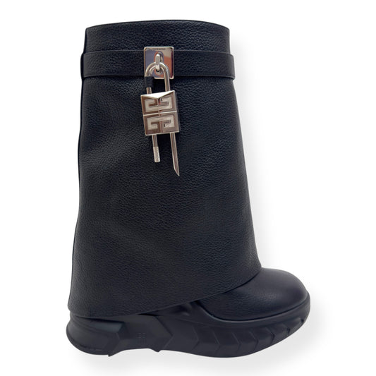 GIVENCHY SHARK LOCK LEATHER HEELED BIKER BOOTS BLACK / SILVER 38 / UK5