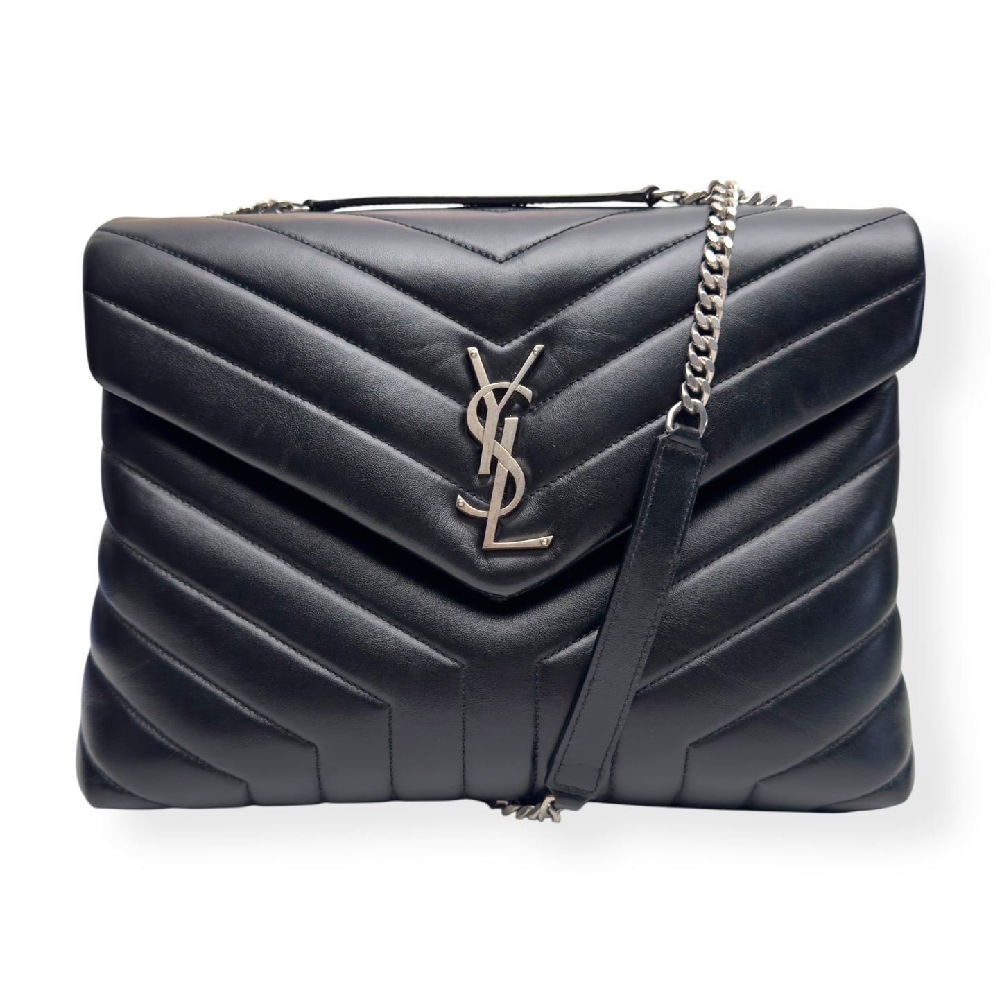 SAINT LAURENT LOULOU QUILTED LEATHER SHOULDER BAG BLACK / SILVER M