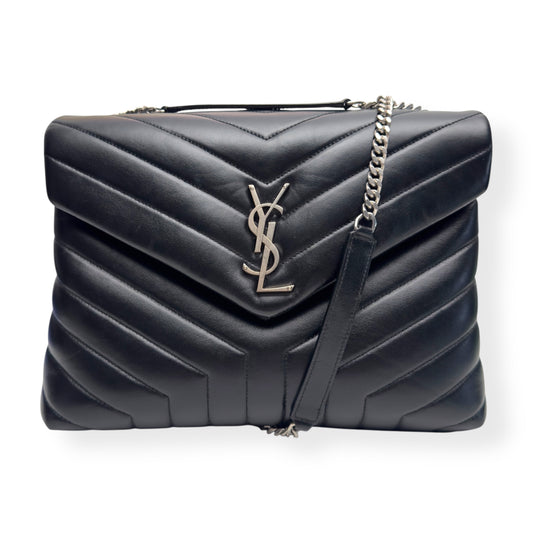 SAINT LAURENT LOULOU QUILTED LEATHER SHOULDER BAG BLACK / SILVER M