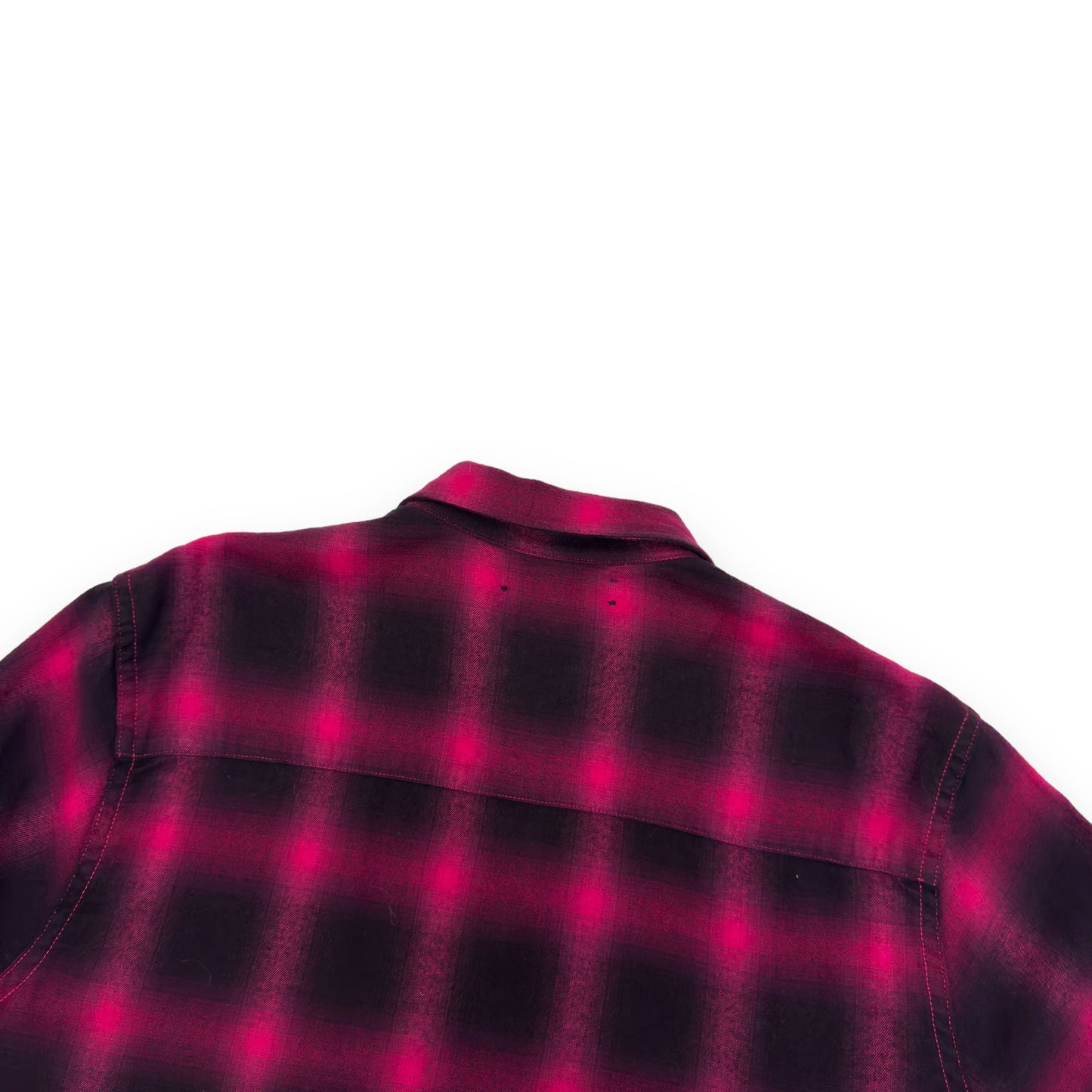 AMIRI DEGRADE DISTRESSED CHECKED FLANNEL SHIRT PINK M