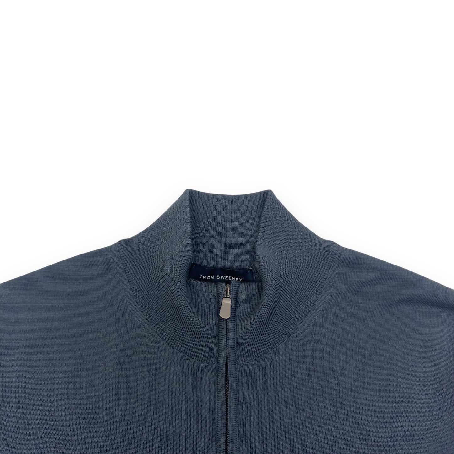 THOM SWEENEY MERINO WOOL ZIP-THROUGH MOCK NECK KNIT SLATE BLUE L