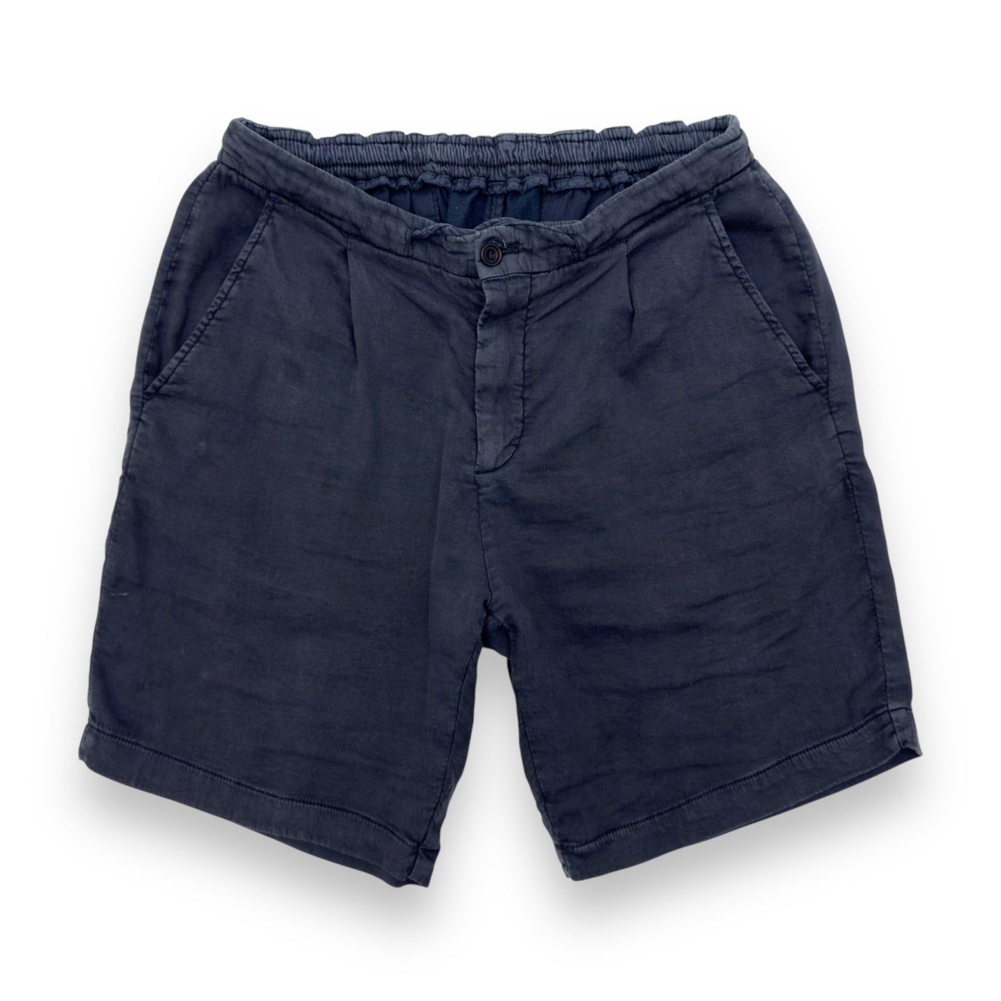 THOM SWEENEY LINEN JERSEY PLEATED SHORTS NAVY BLUE W30”