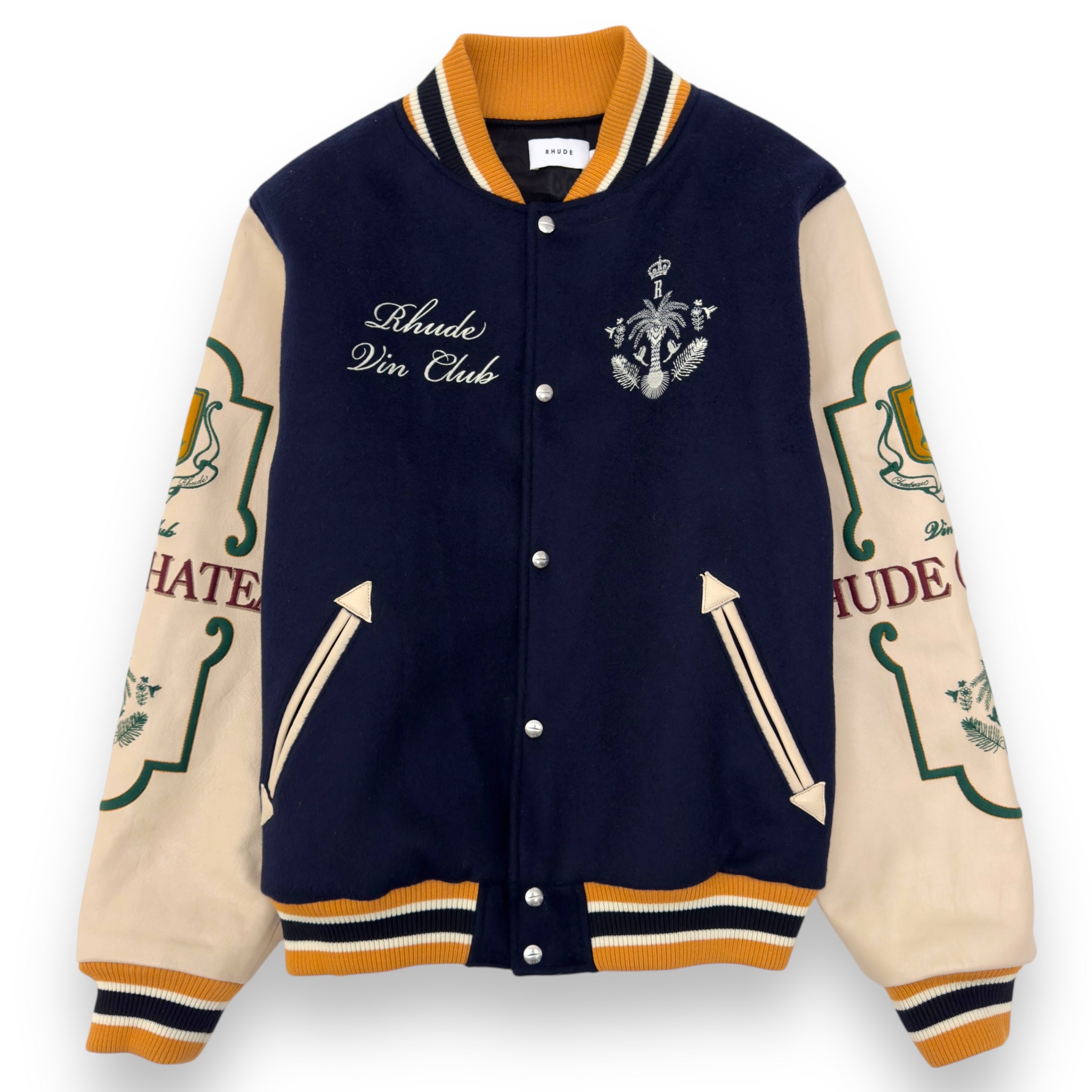 RHUDE WINE CLUB LEATHER / WOOL VARSITY JACKET NAVY / CREAM / MUSTARD XL