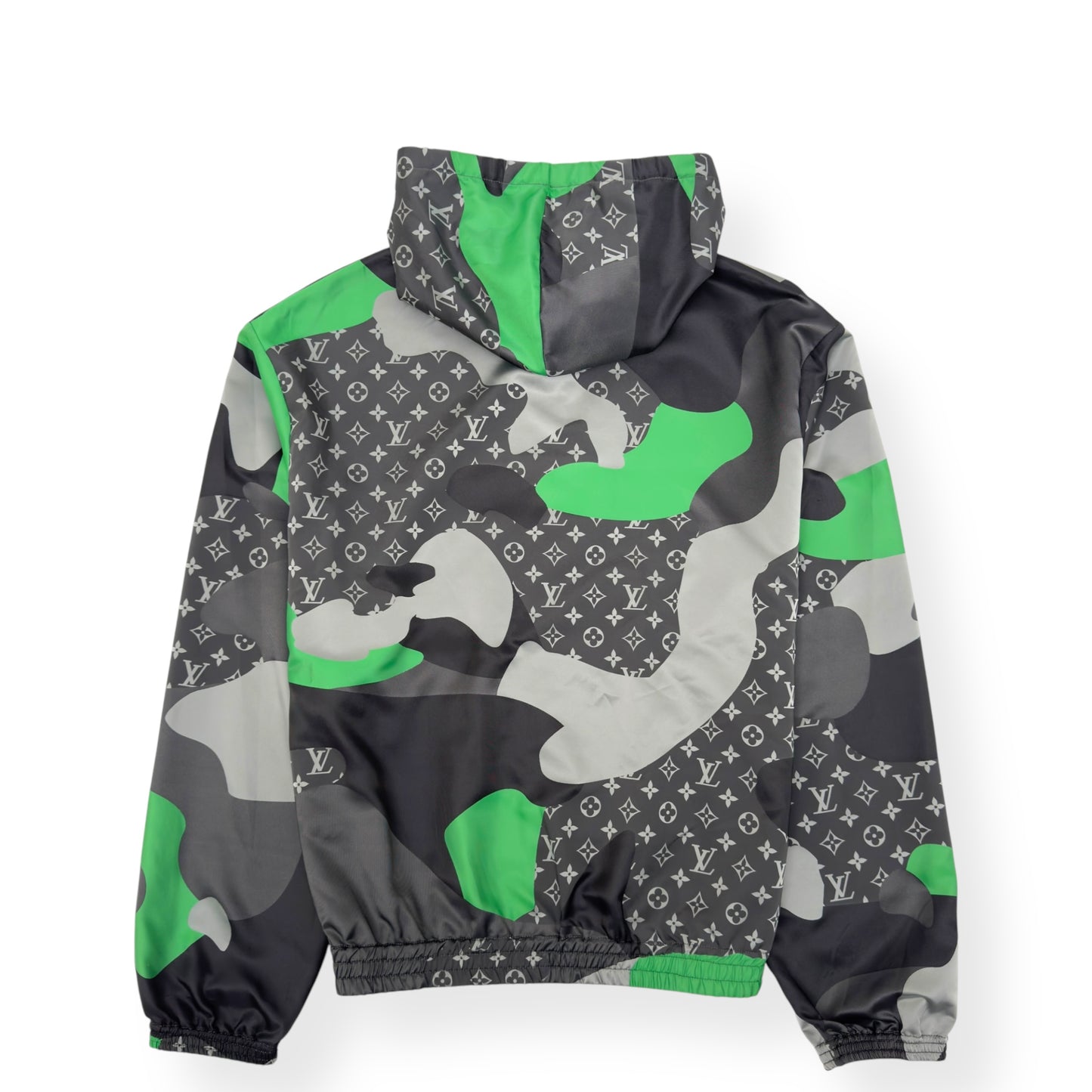 LOUIS VUITTON X KID SUPER FW23 PATCHWORKED PORTRAIT HOODED BLOUSON WINDBREAKER GREEN / SILVER FR54 / XL