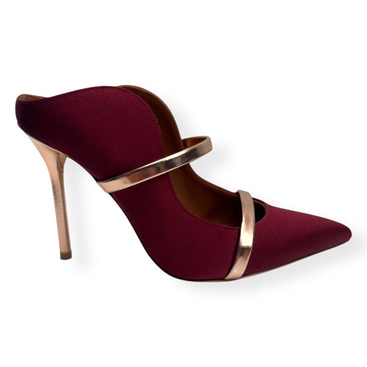 MALONE SOULIERS MAUREEN 100MM STILETTO SATIN / LEATHER MULES WINE / ROSE 36 / UK3