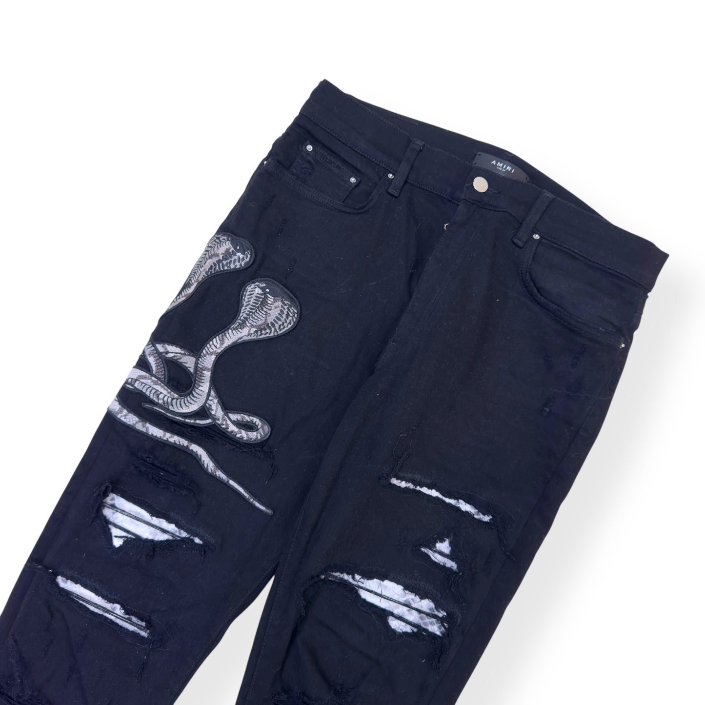 AMIRI MX1 SKINNY SNAKE-PANELLED DENIM JEANS BLACK / WHITE W34”