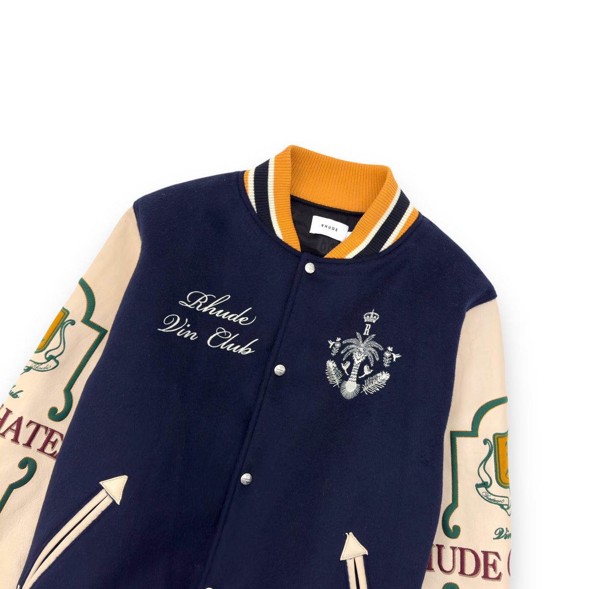 RHUDE WINE CLUB LEATHER / WOOL VARSITY JACKET NAVY / CREAM / MUSTARD XL