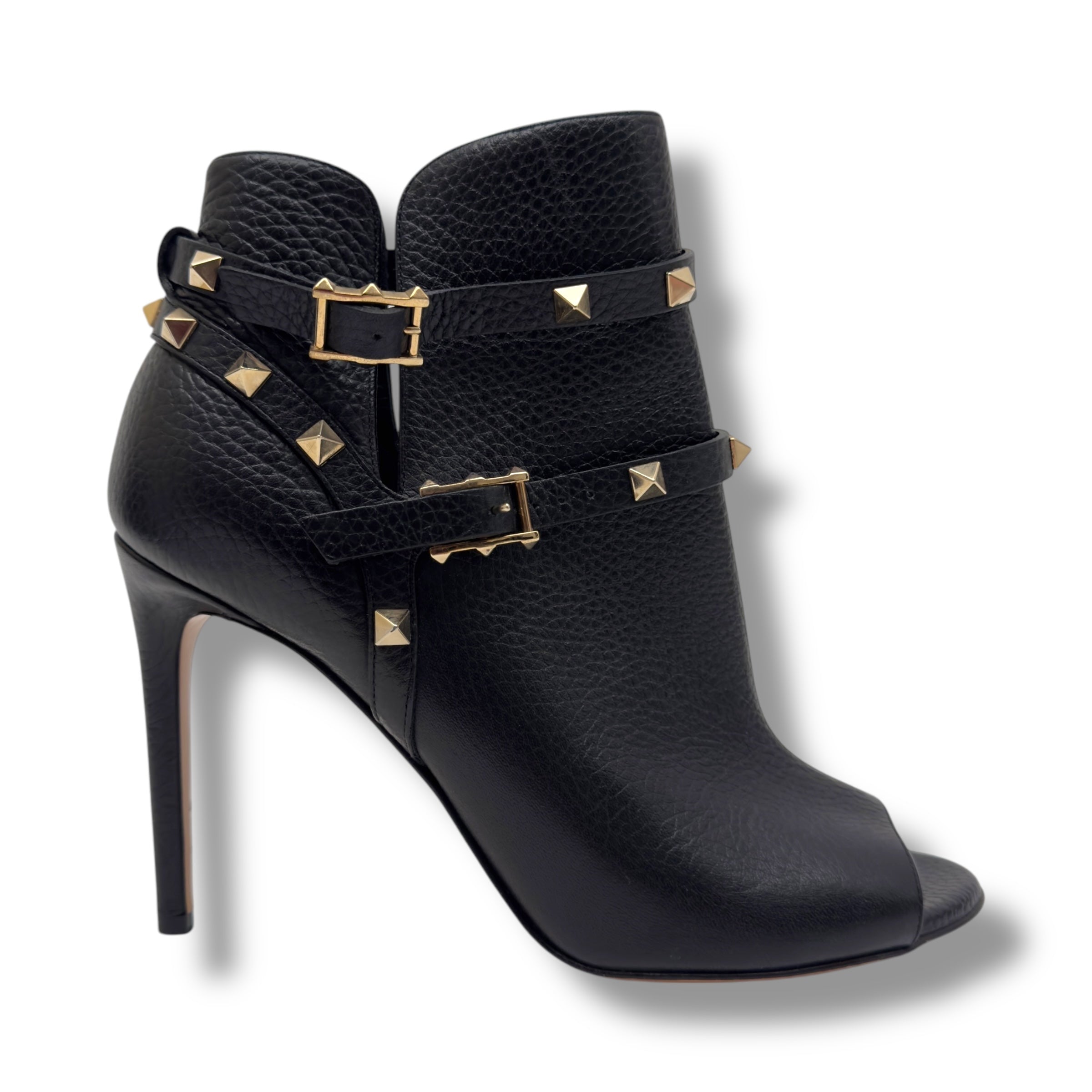 VALENTINO ROCKSTUD ANKLE LENGTH LEATHER BOOTS 100 BLACK / GOLD EU38 / UK5