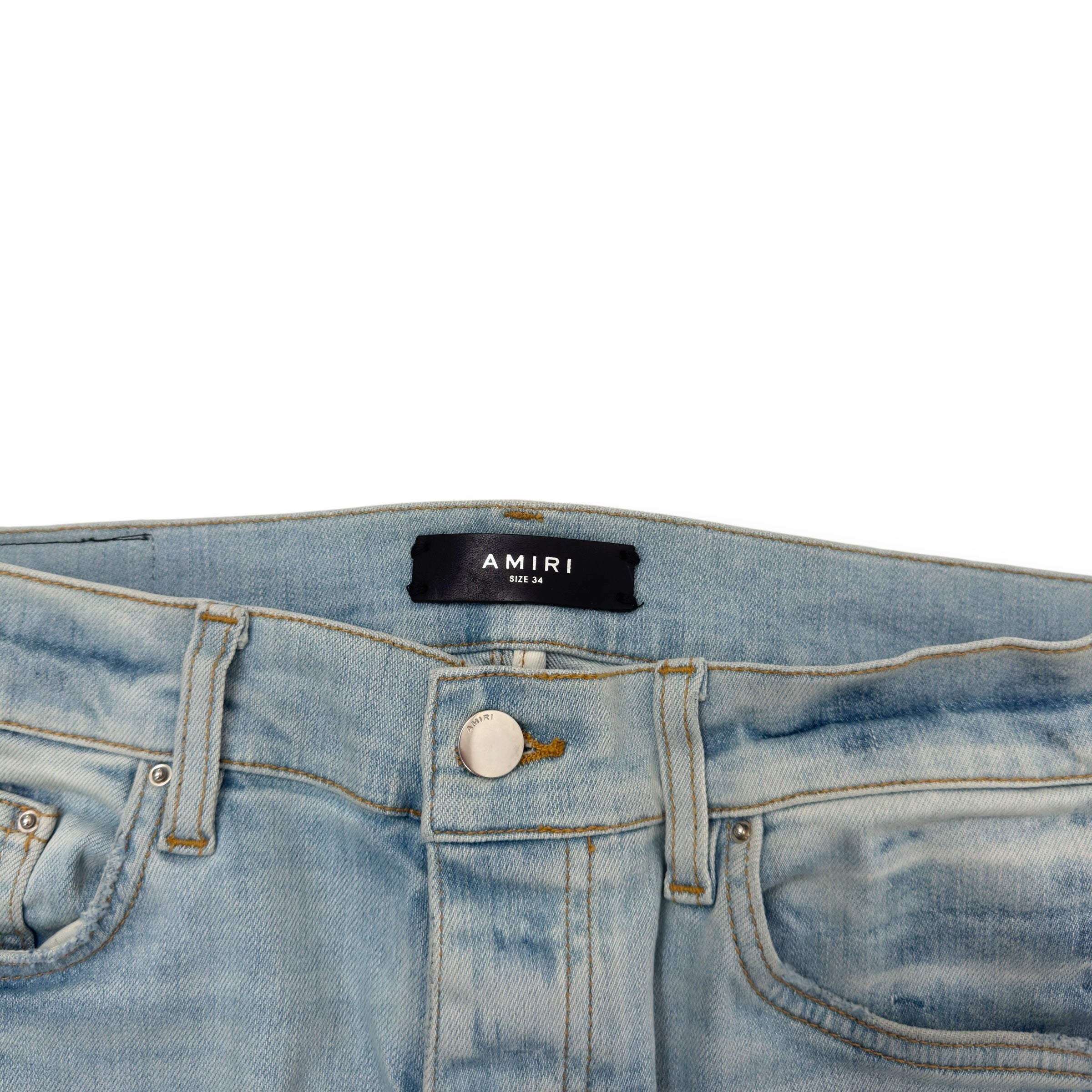AMIRI PLAID PATCH THRASHER DENIM JEANS BLUE / ORANGE W34”