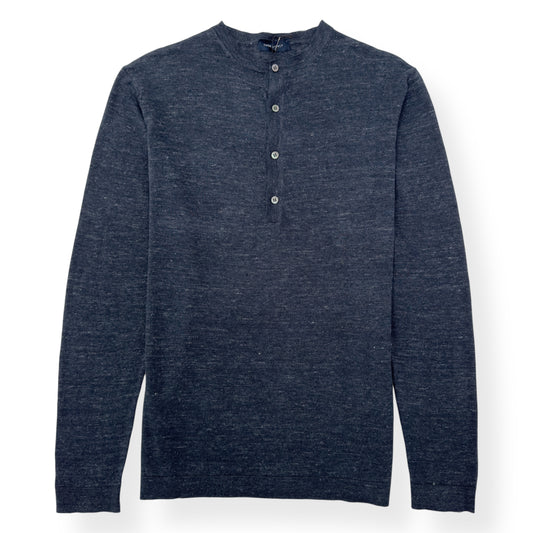 THOM SWEENEY SS23 LONG SLEEVE LINEN HENLEY TOP NAVY L