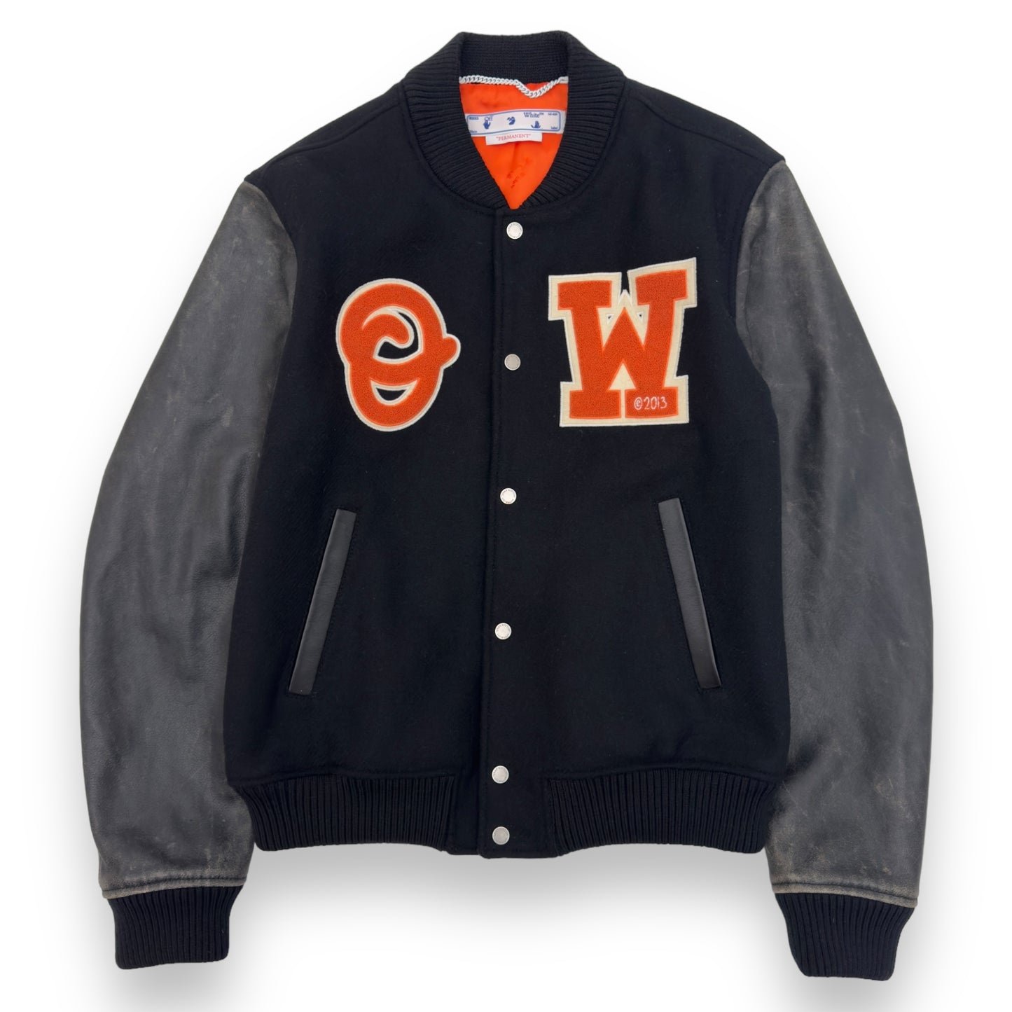 OFF-WHITE OW PATCH LEATHER SLEEVE VARSITY JACKET BLACK / ORANGE S