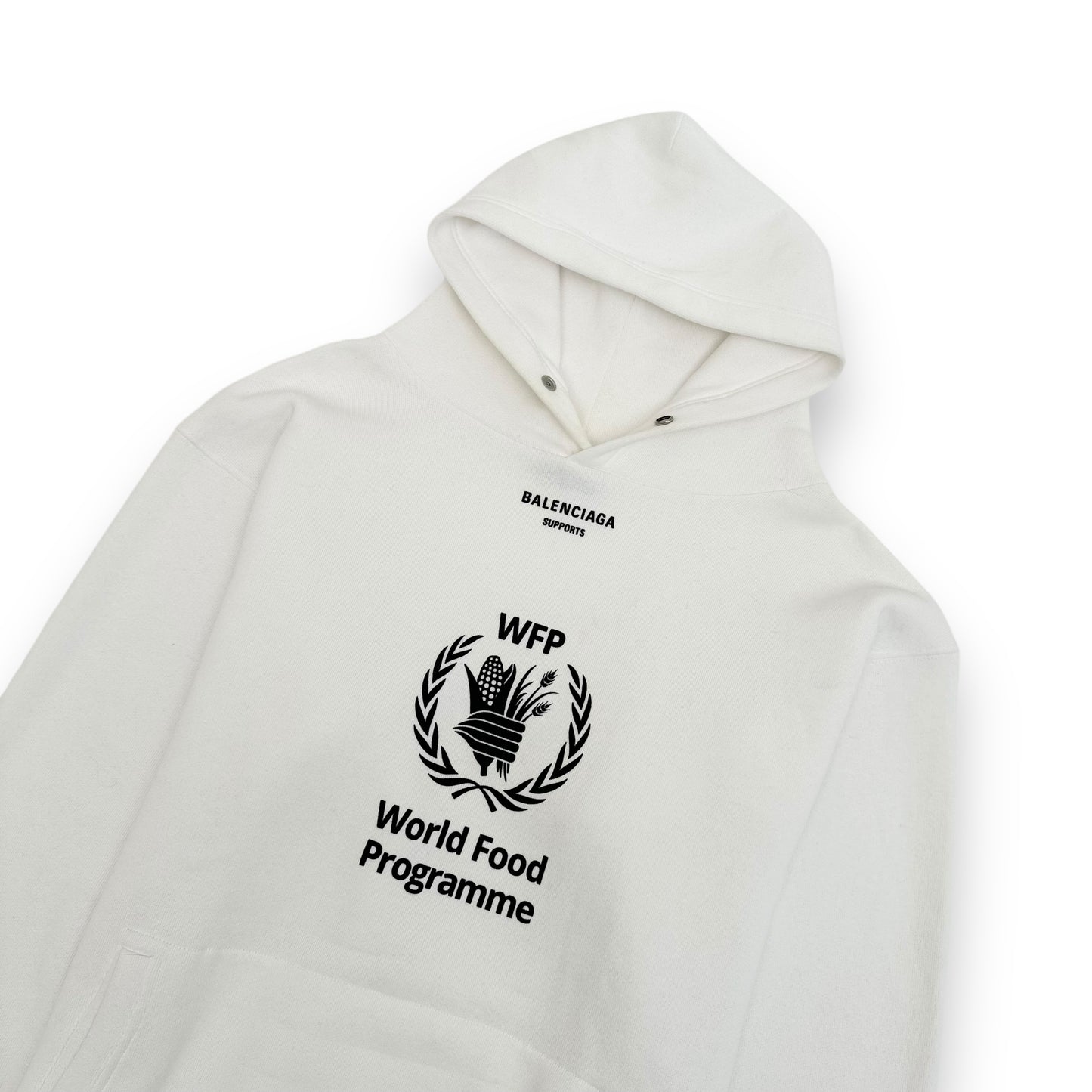 BALENCIAGA OVERSIZED WORLD FOOD PROGRAMME HOODIE WHITE / BLACK XS