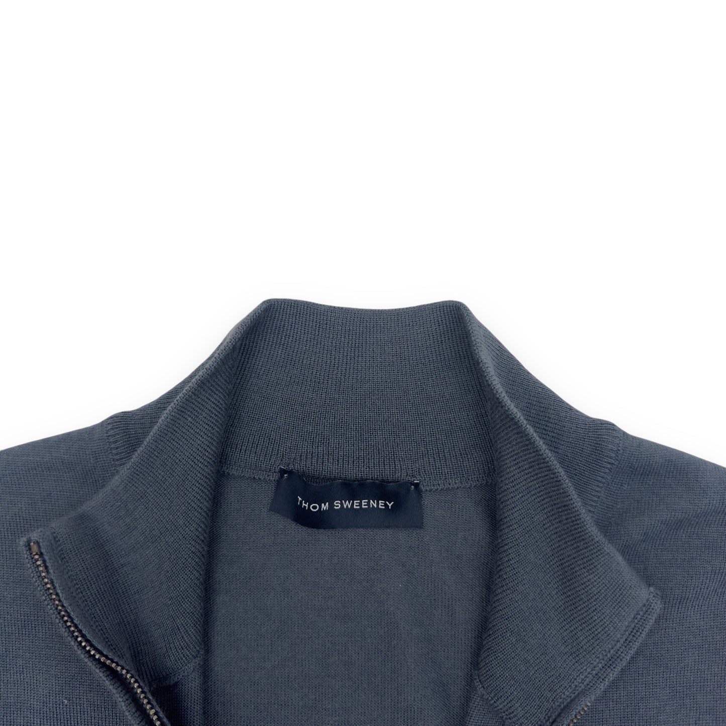 THOM SWEENEY MERINO WOOL ZIP-THROUGH MOCK NECK KNIT SLATE BLUE L