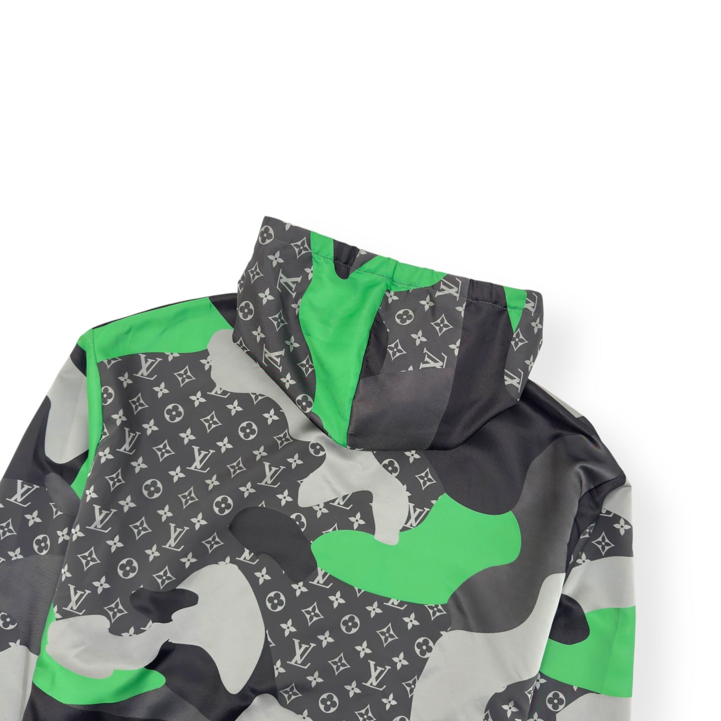 LOUIS VUITTON X KID SUPER FW23 PATCHWORKED PORTRAIT HOODED BLOUSON WINDBREAKER GREEN / SILVER FR54 / XL