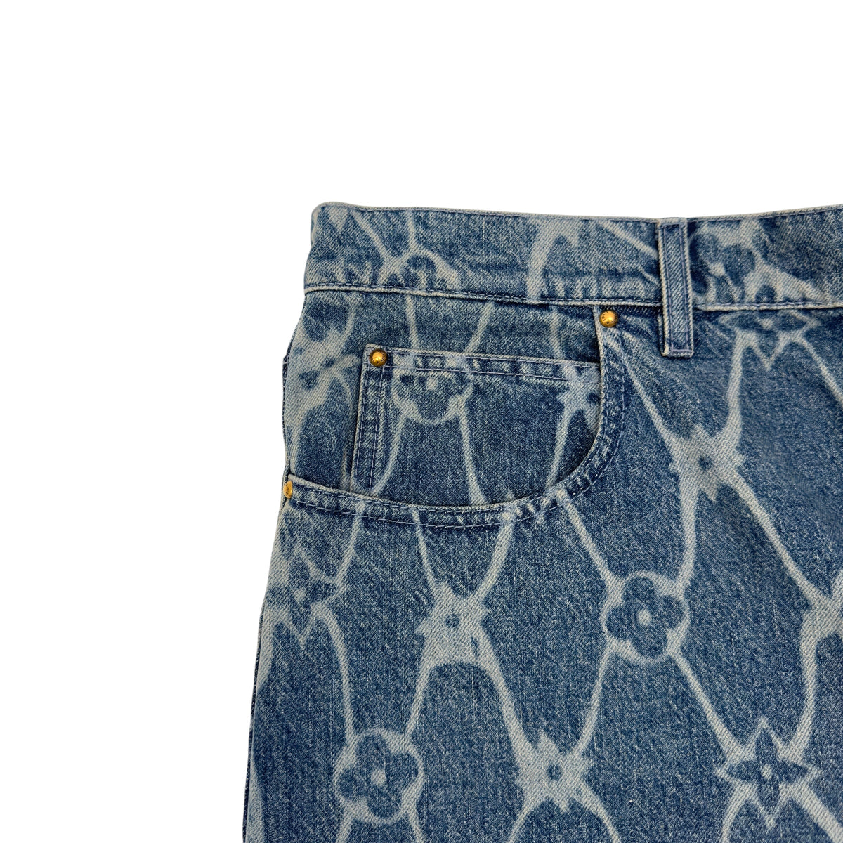 LOUIS VUITTON MONOGRAM PRINTED DENIM SHORTS INDIGO BLUE W34” / L