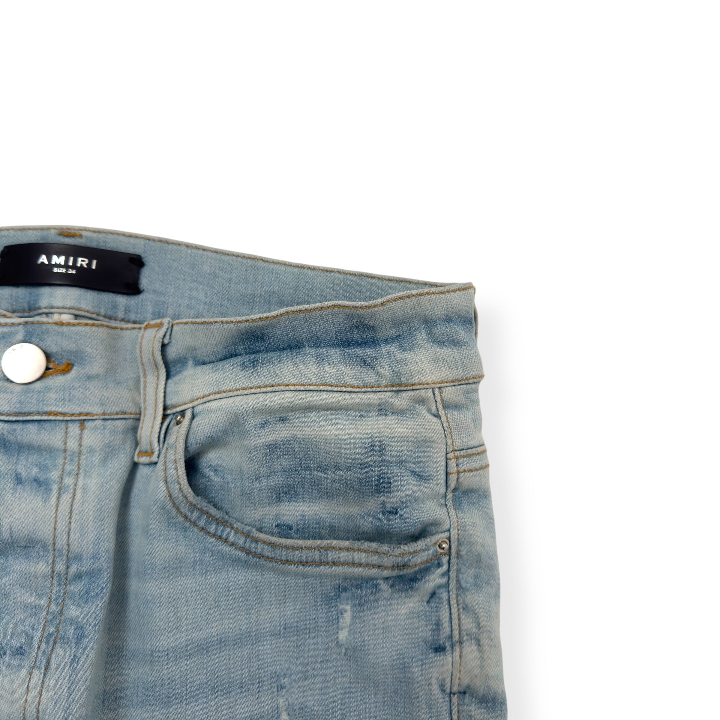 AMIRI PLAID PATCH THRASHER DENIM JEANS BLUE / ORANGE W34”