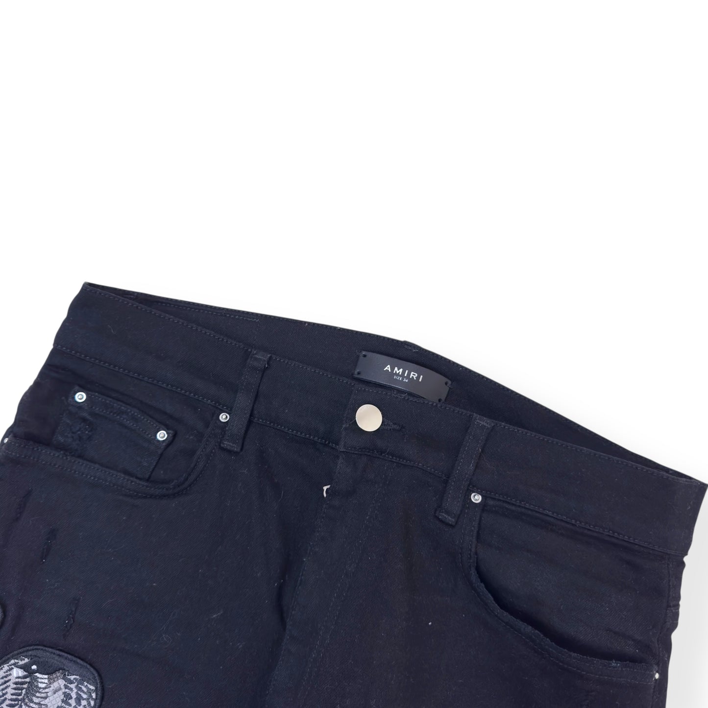 AMIRI MX1 SKINNY SNAKE-PANELLED DENIM JEANS BLACK / WHITE W34”