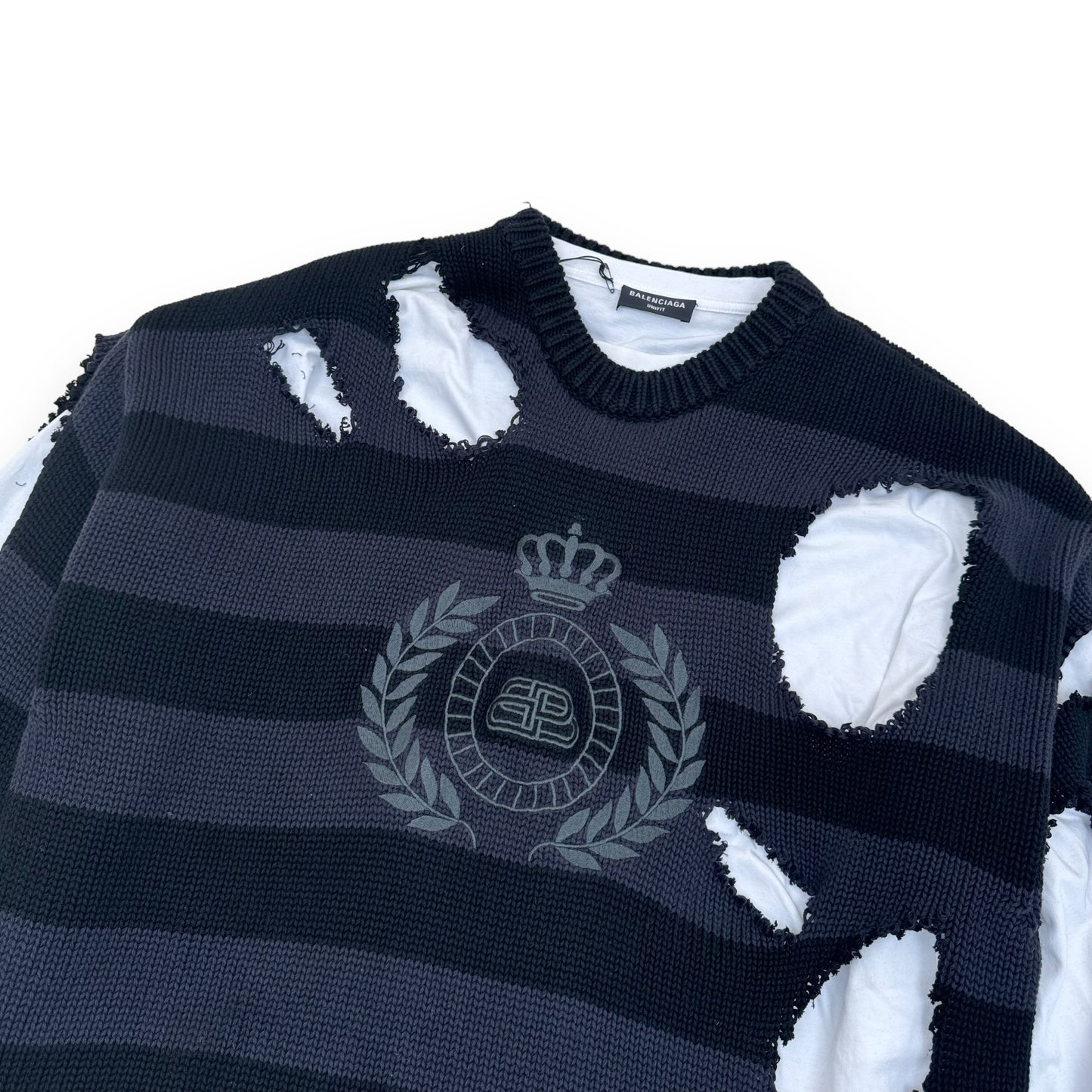 BALENCIAGA DISTRESSED STRIPED KNIT SWEATER GREY M