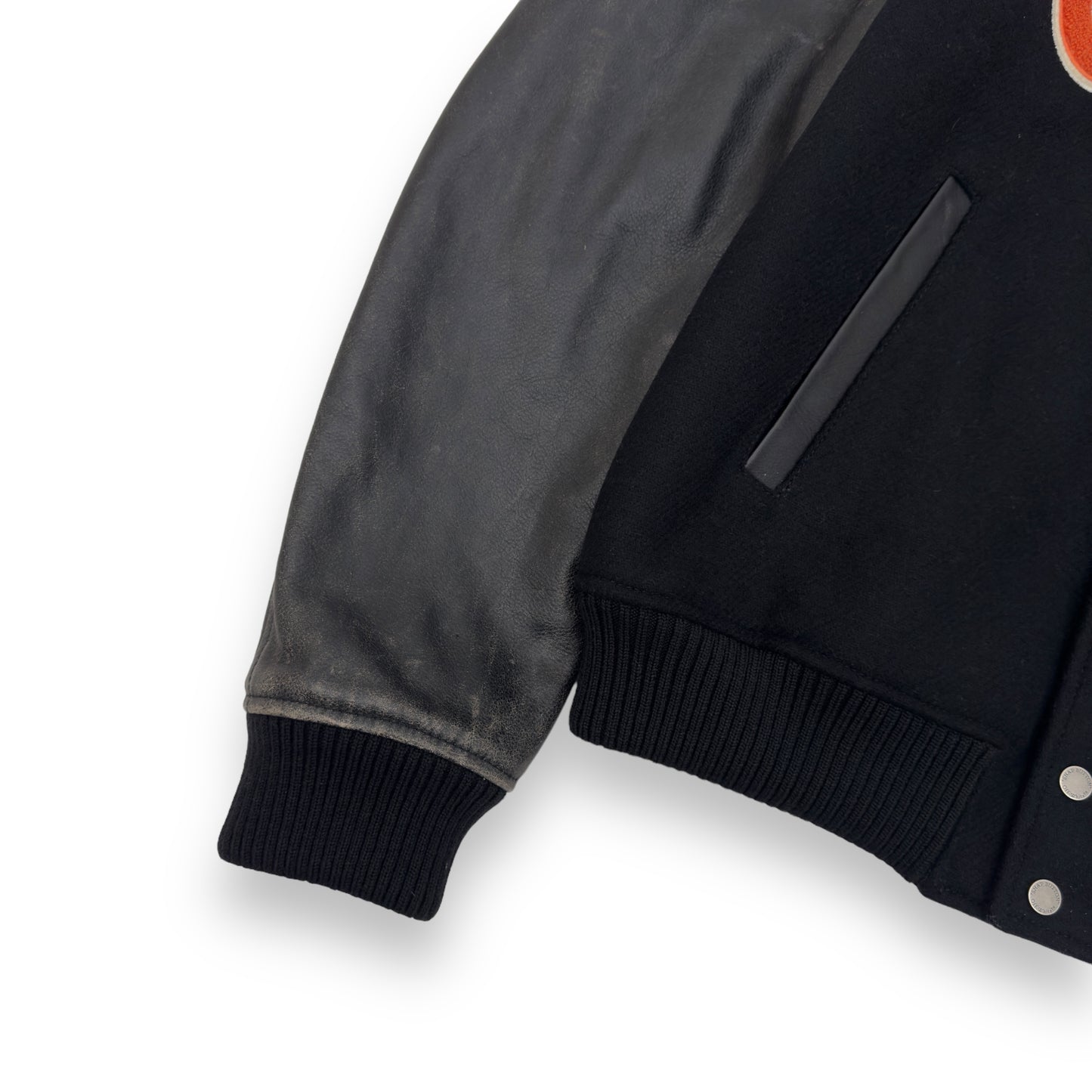 OFF-WHITE OW PATCH LEATHER SLEEVE VARSITY JACKET BLACK / ORANGE S