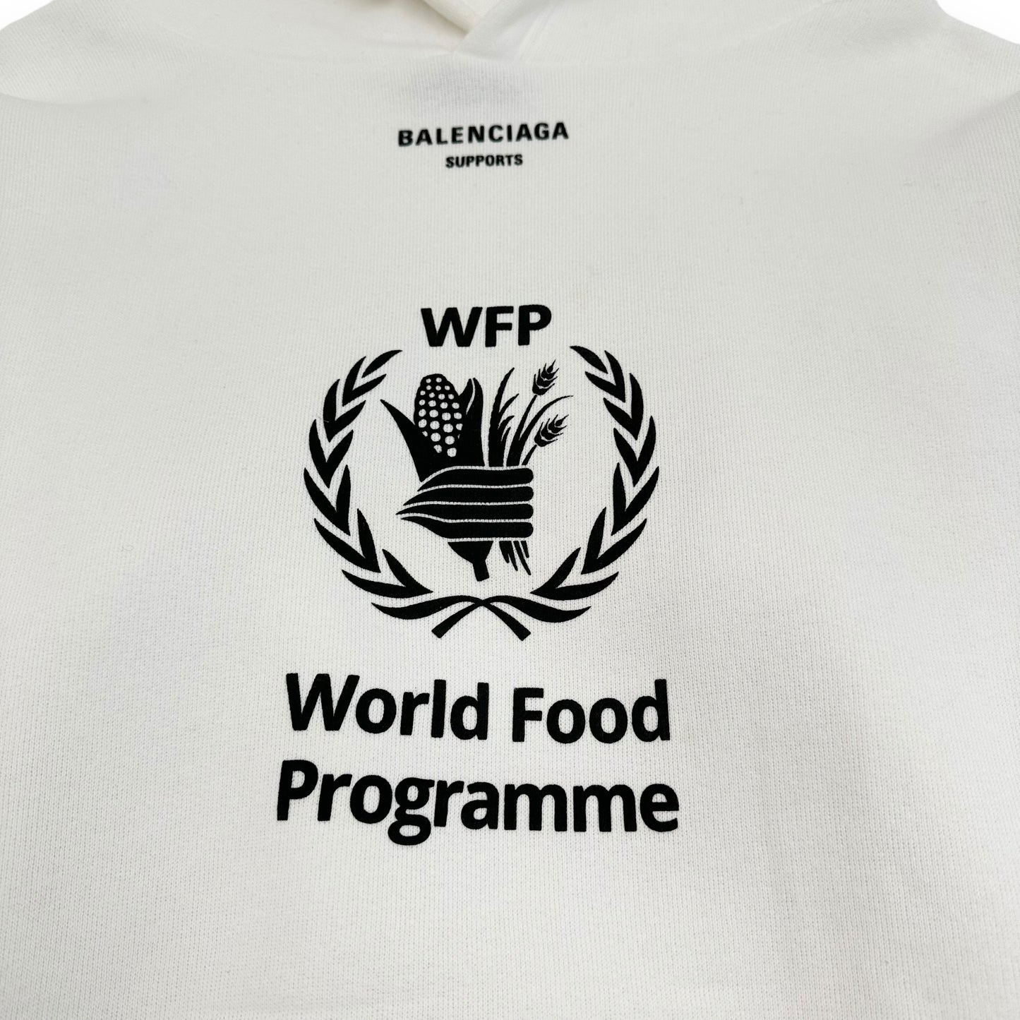 BALENCIAGA OVERSIZED WORLD FOOD PROGRAMME HOODIE WHITE / BLACK XS