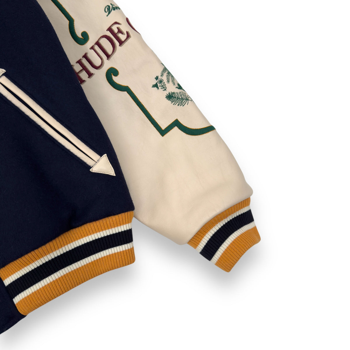 RHUDE WINE CLUB LEATHER / WOOL VARSITY JACKET NAVY / CREAM / MUSTARD XL